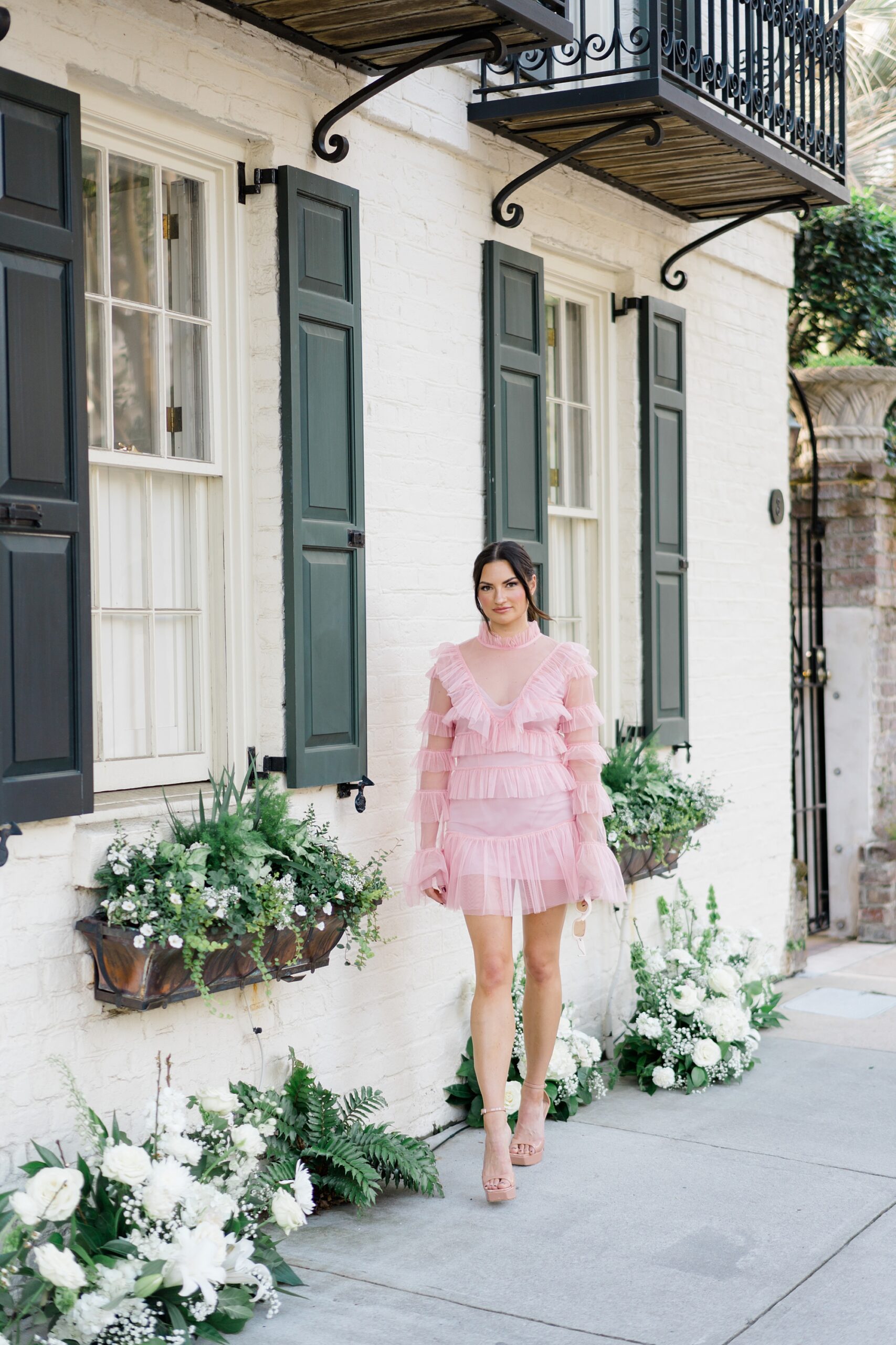 Pink Figgy Charleston Photoshoot with flowers by Firefly weddings and events
