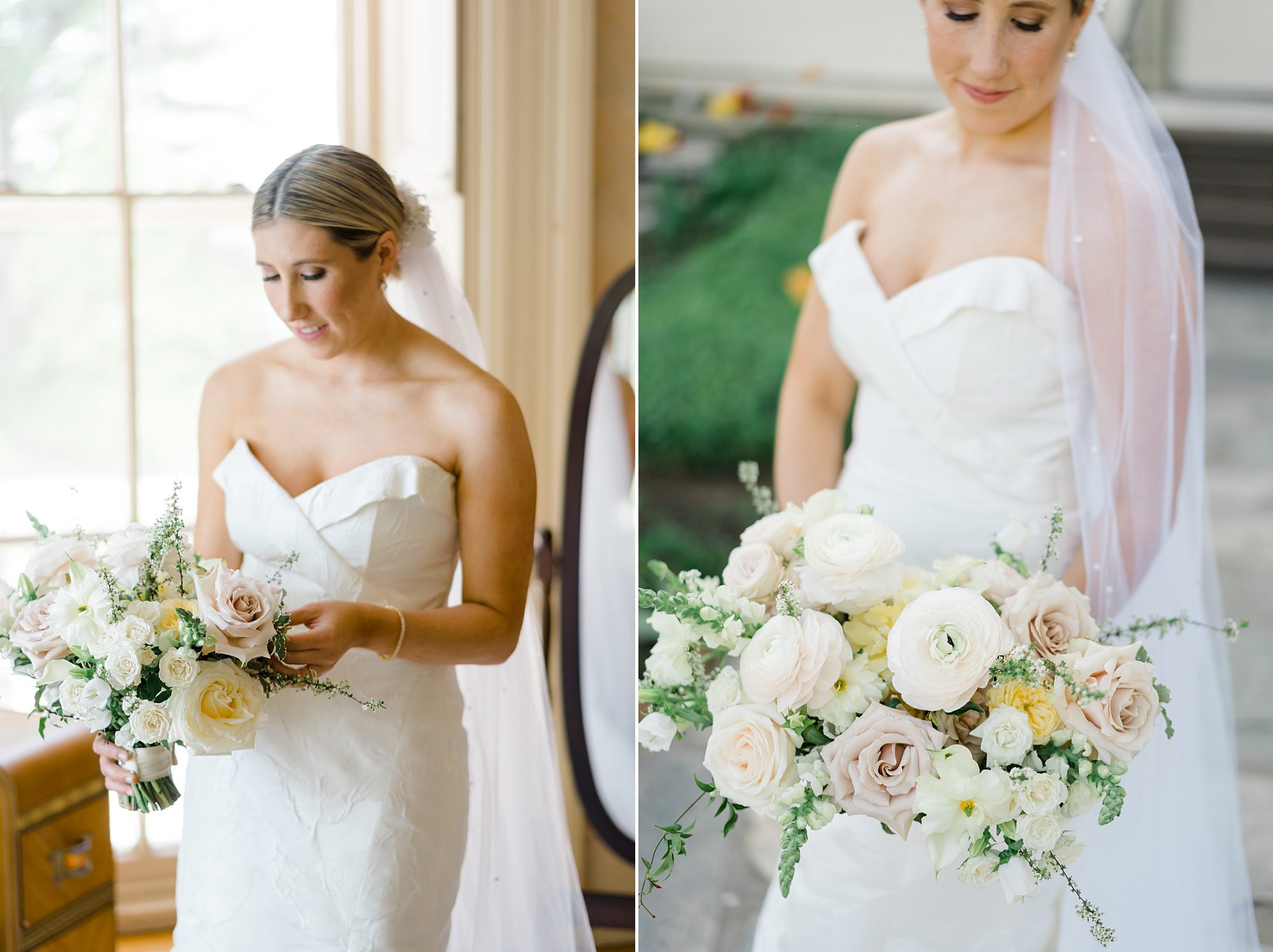 bride in strapless wedding gown holding elegant garden inspired bridal bouquet