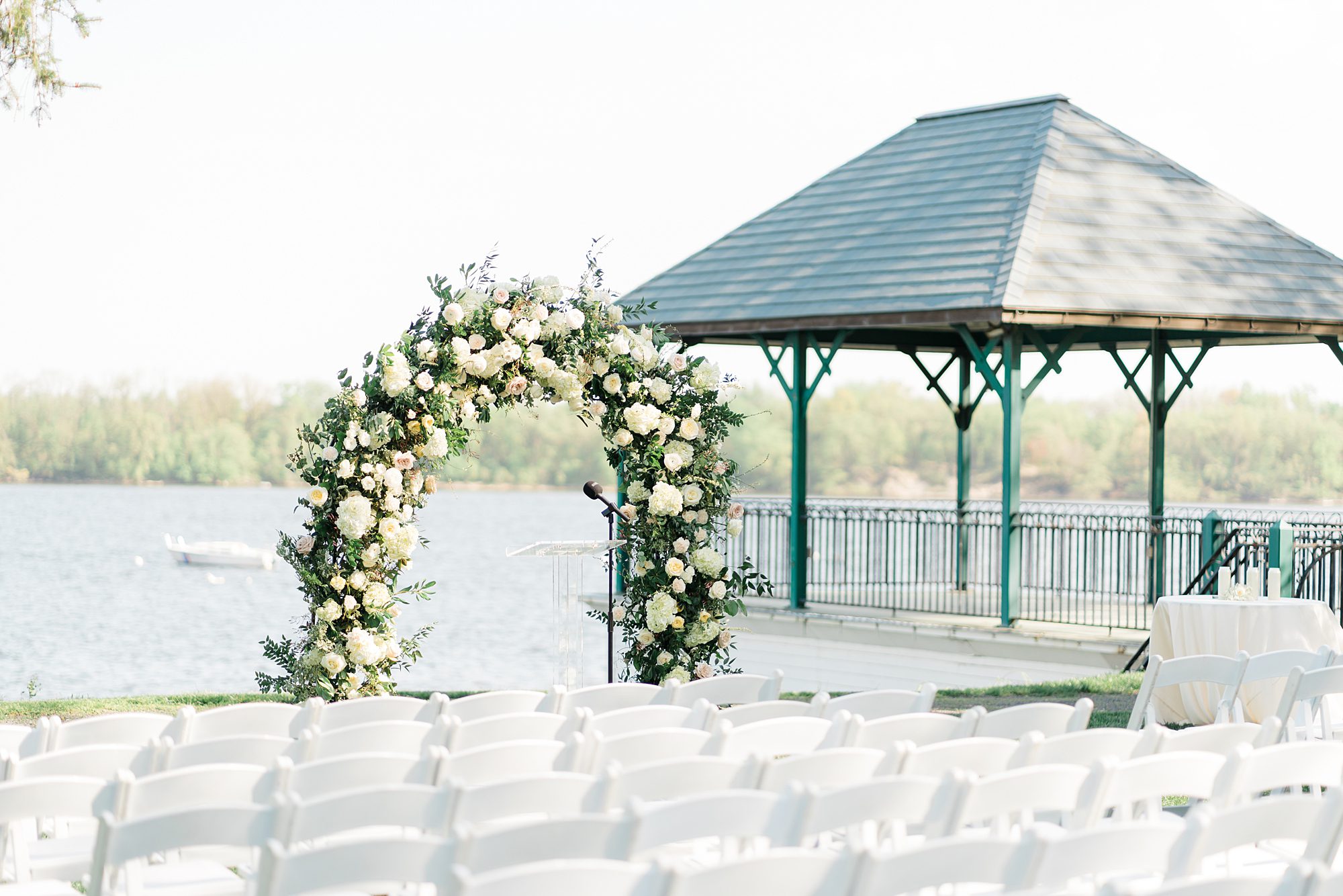 waterfront wedding ceremony from Chic Garden Wedding at Glen Foerd on the Delaware