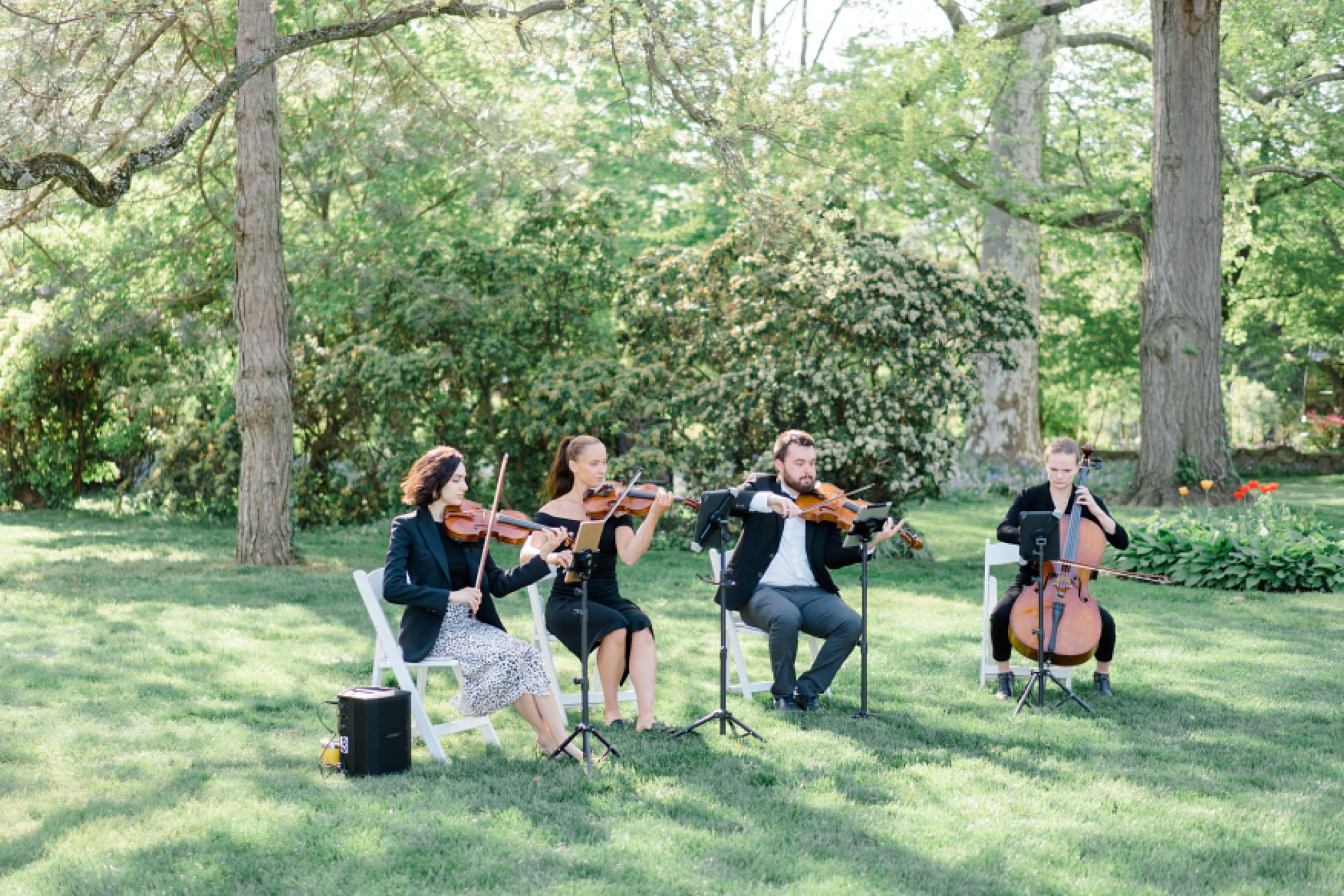 stringed band plays during Chic Garden Wedding at Glen Foerd on the Delaware