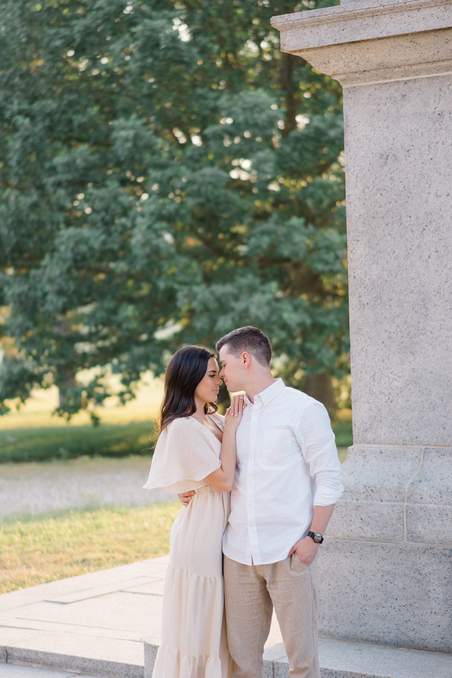 couple lean in together during Intimate Valley Forge Engagement