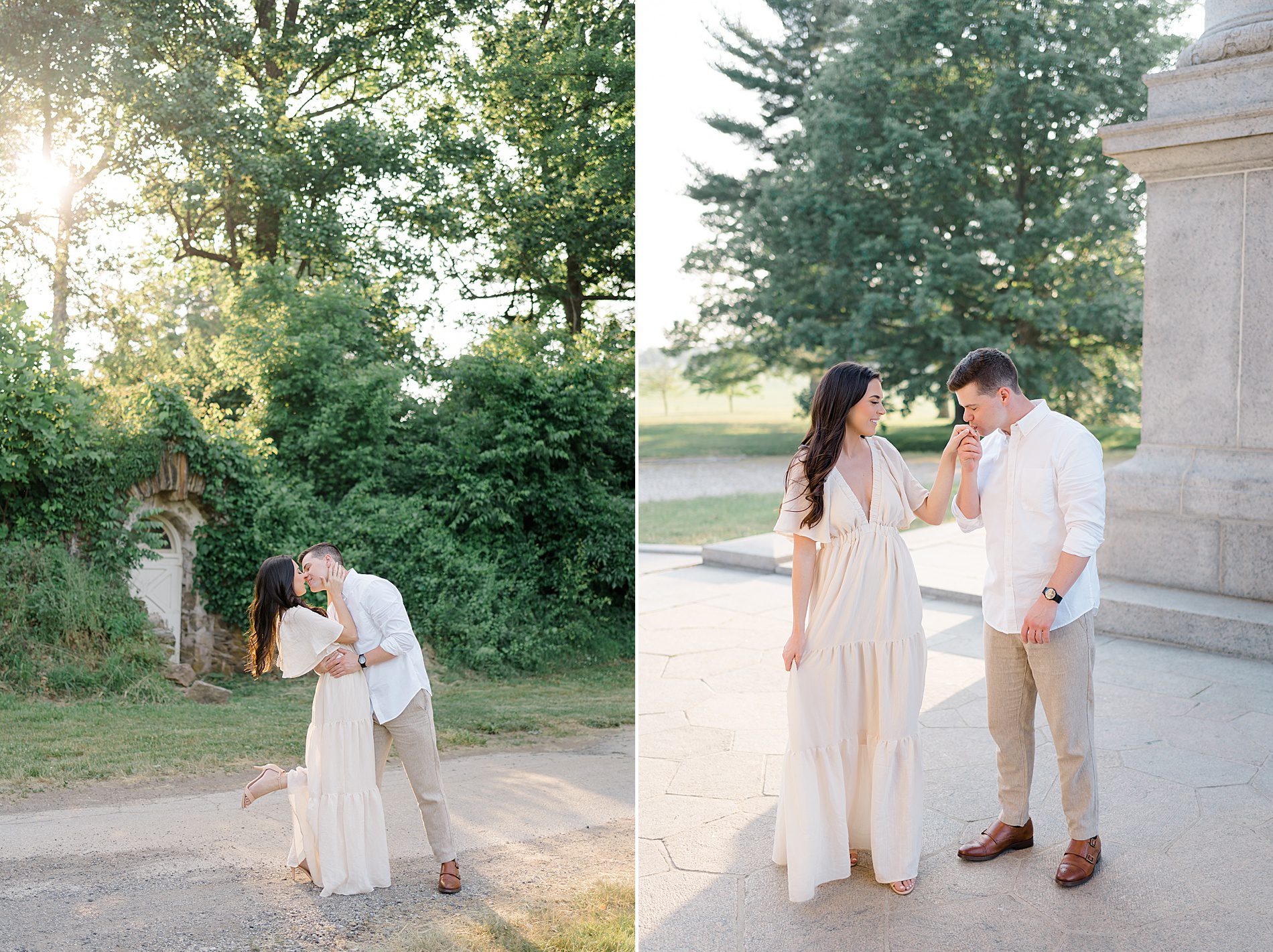 newly engaged couple kiss during engagement portraits