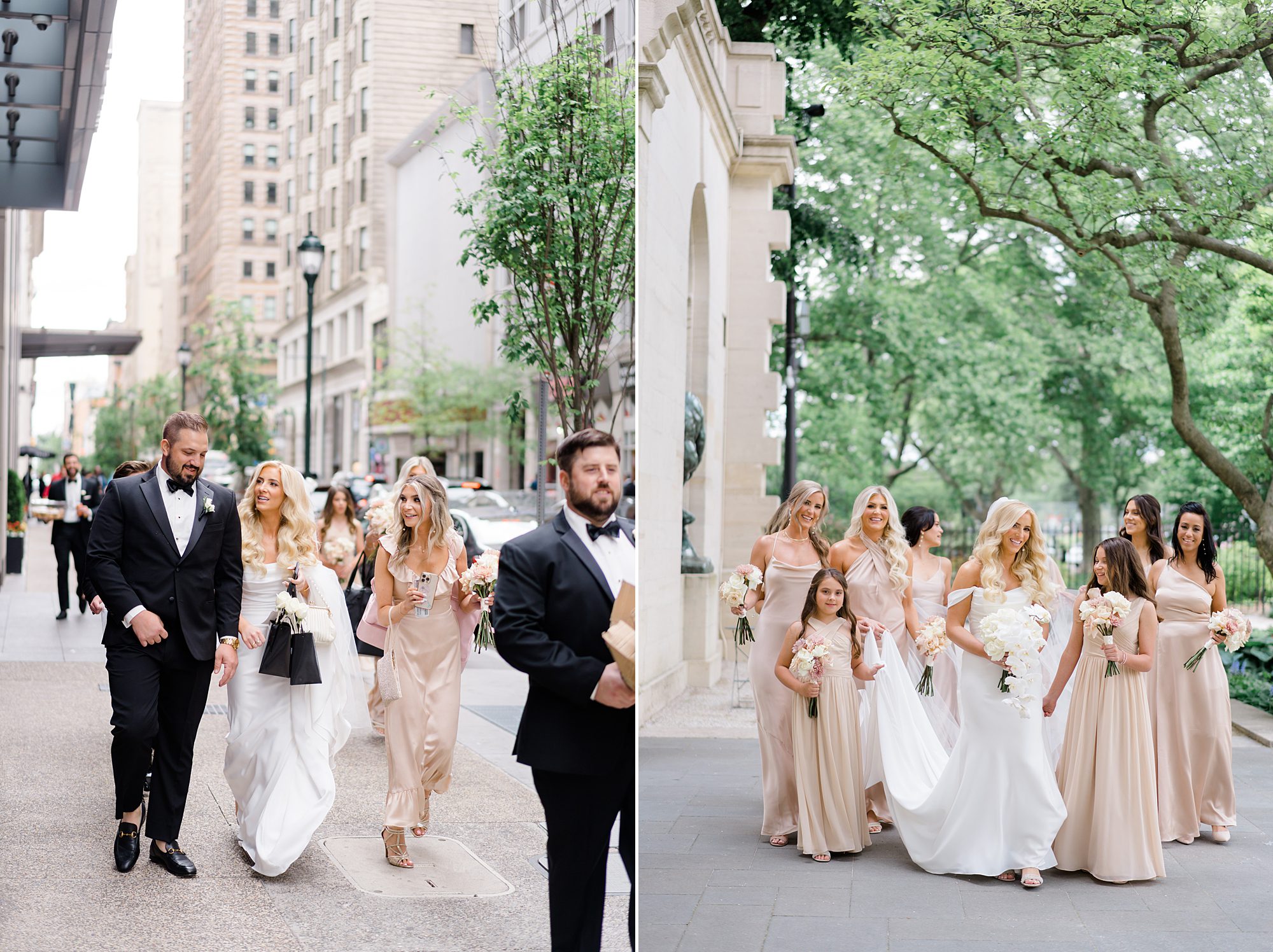 bride and groom with wedding party walking down Philadelphia street