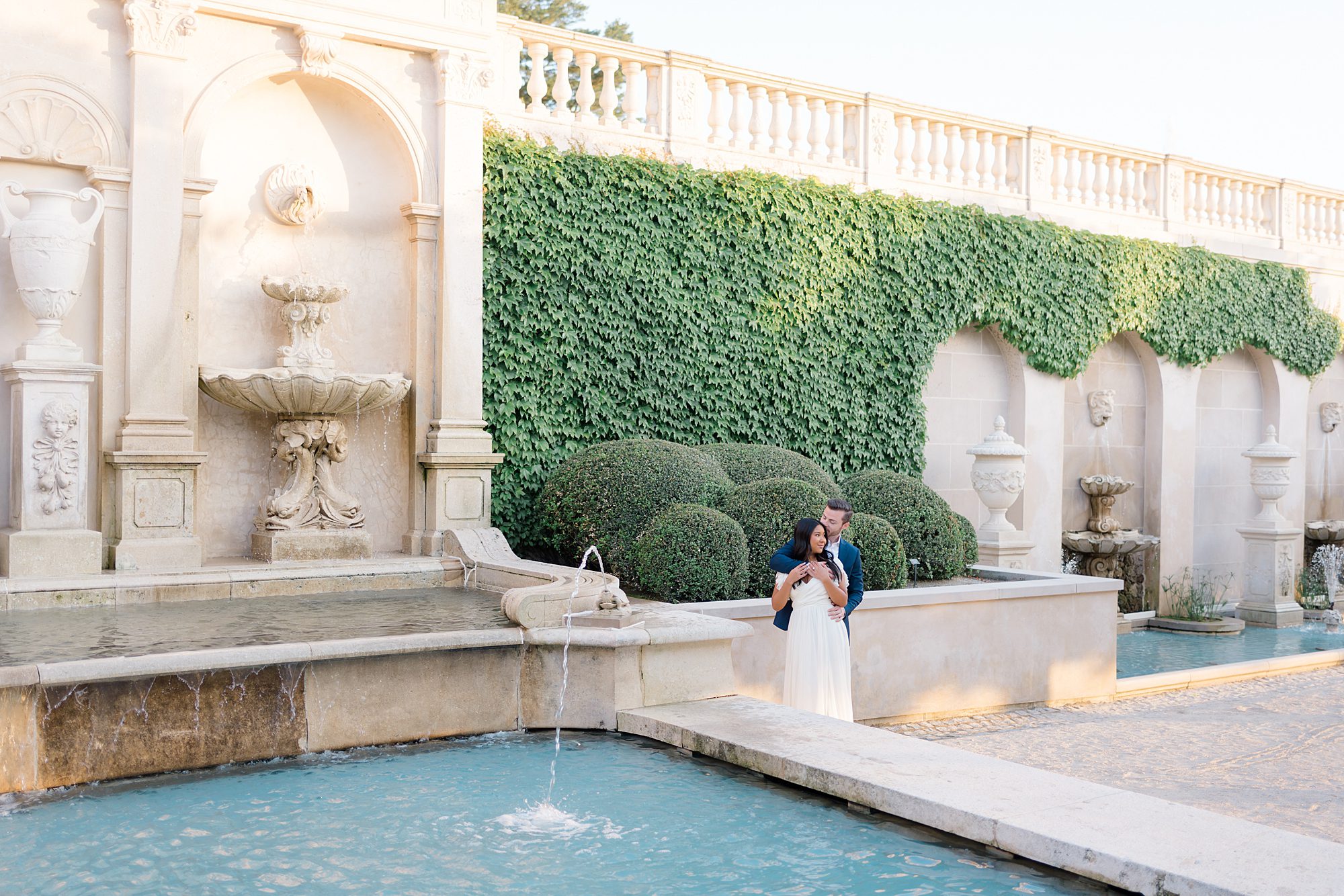 romantic engagement portaits by fountains in Longwood Gardens  