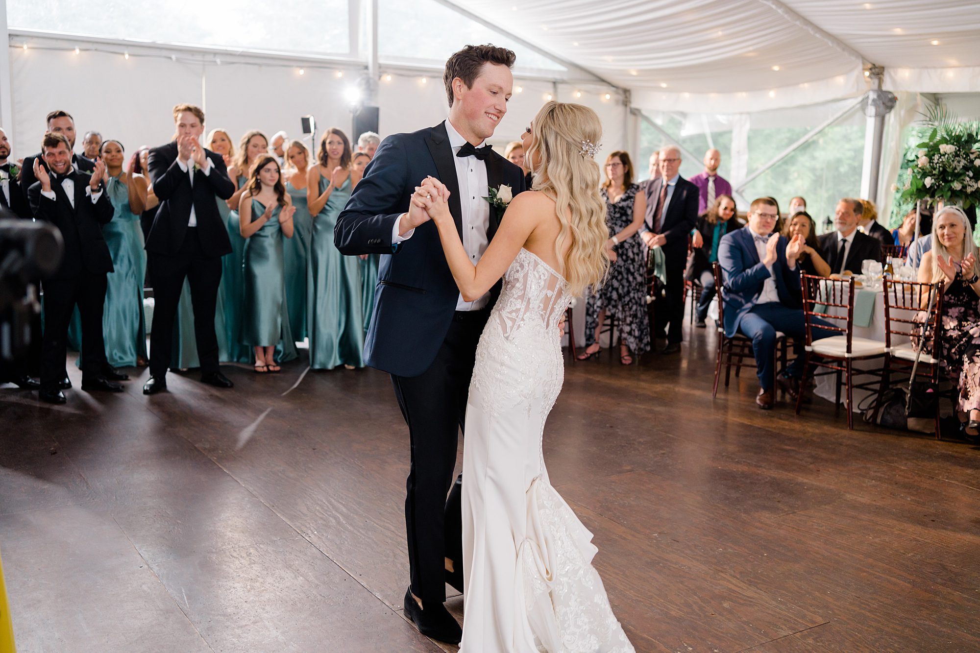 couple share first dance at Elegant Riverfront Estate Wedding at Glen Foerd in Philadelphia