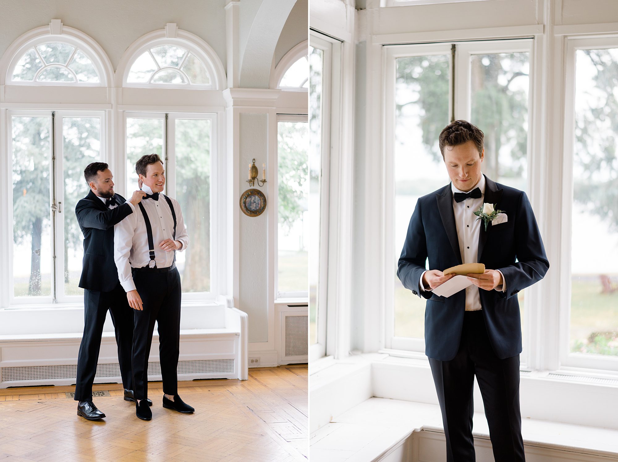 groom getting ready for elegant riverfront estate wedding at Glen Foerd