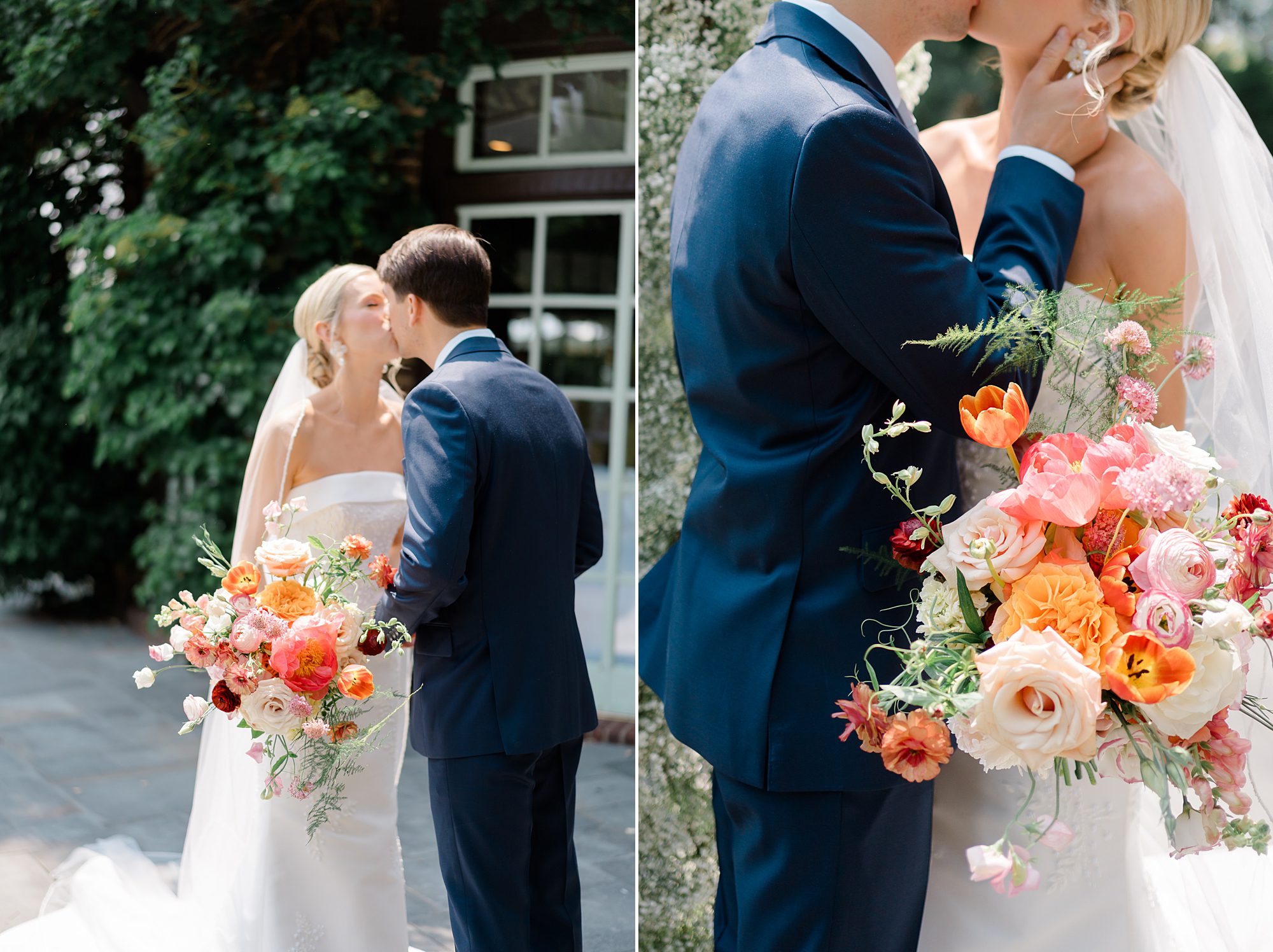 bride and groom kiss as bride holds stunning summer bouquet