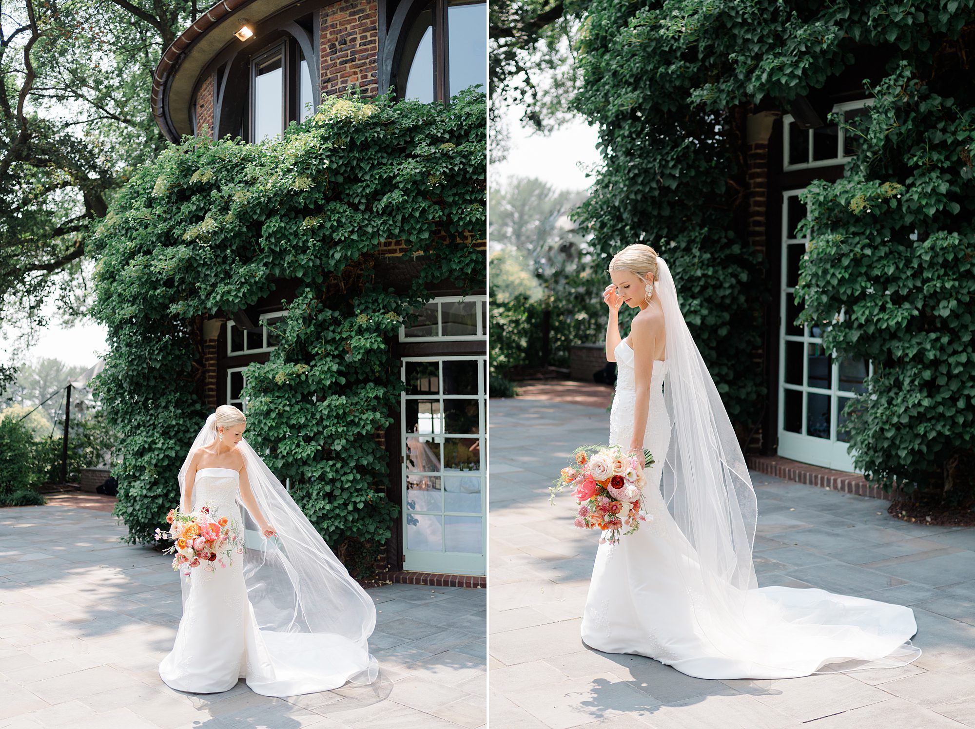 bridal portaits in wedding dress and long flowing veil