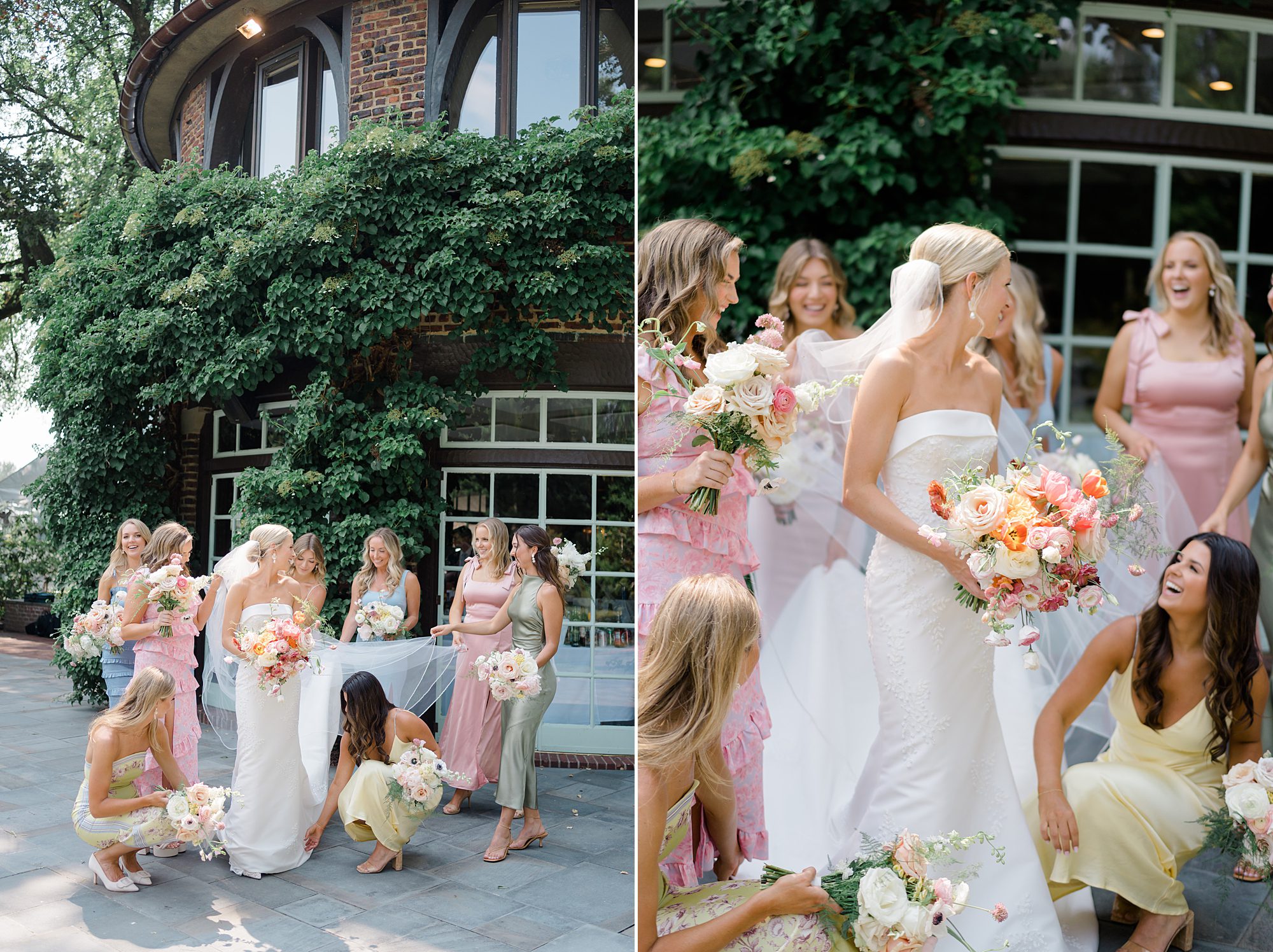 bridesmaids help bride fan out her dress before Garden Summer Wedding 