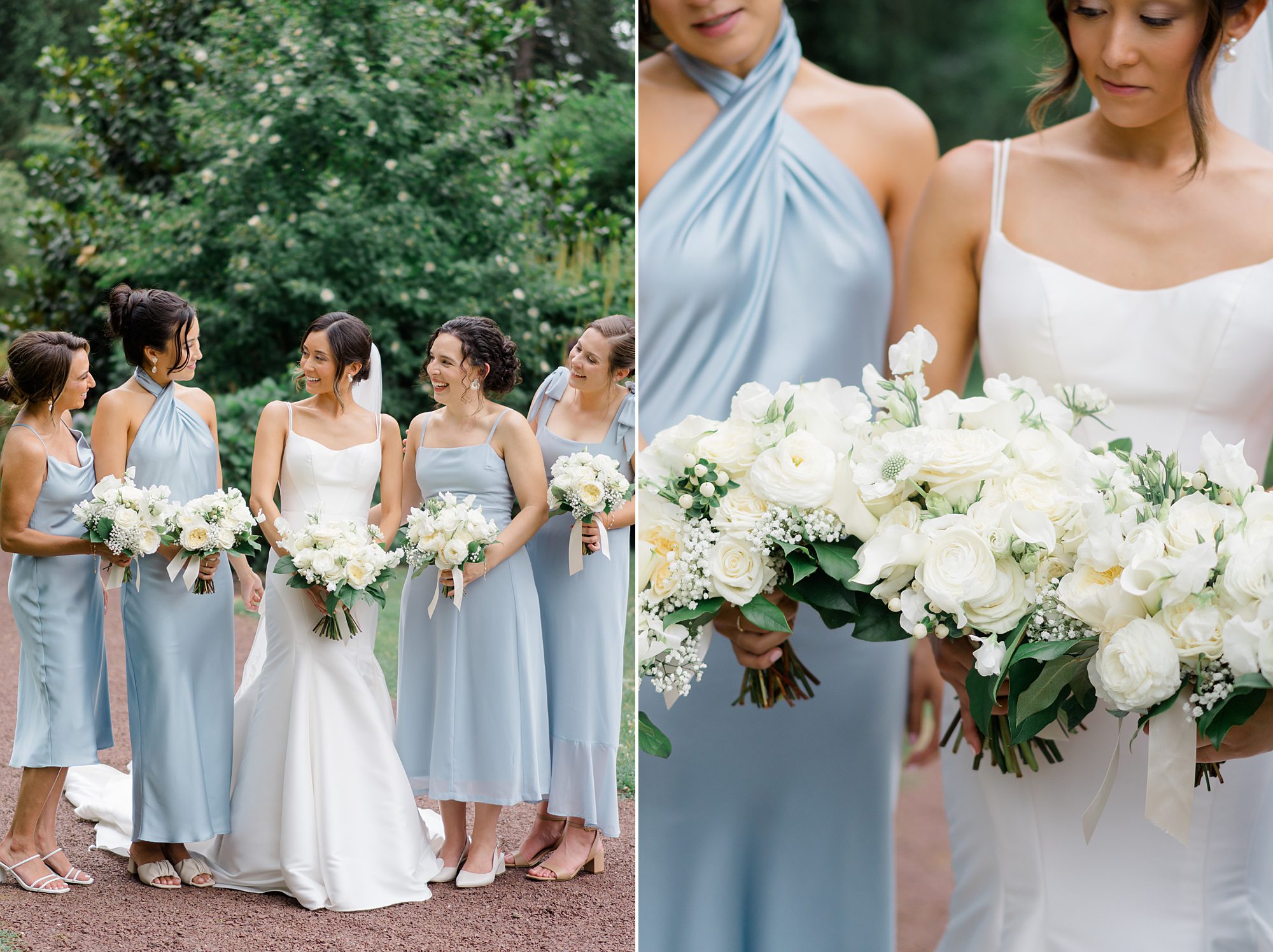 bride with bridesmaids in dusty blue dresses