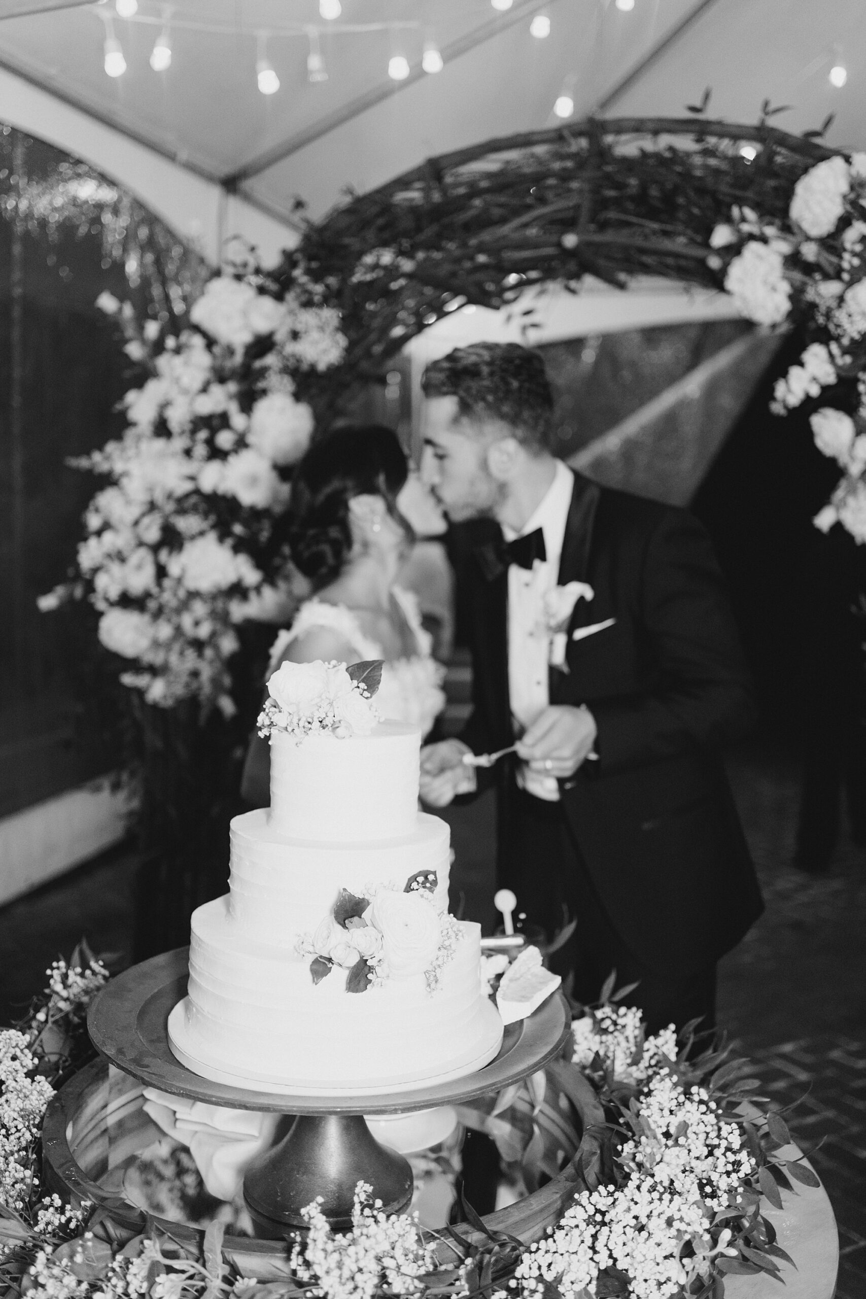 couple kiss by wedding cake