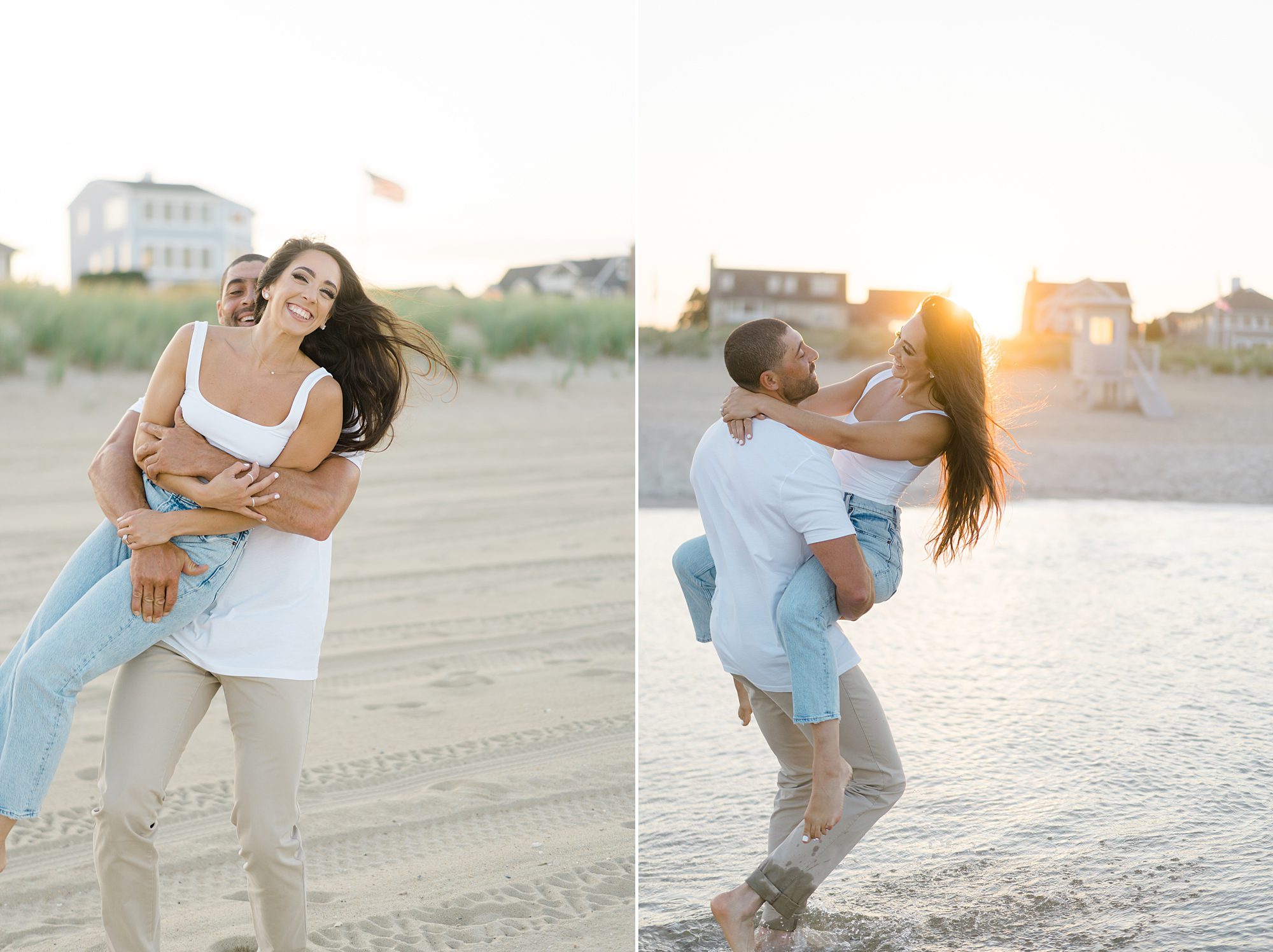 candid engagement portraits on beach 