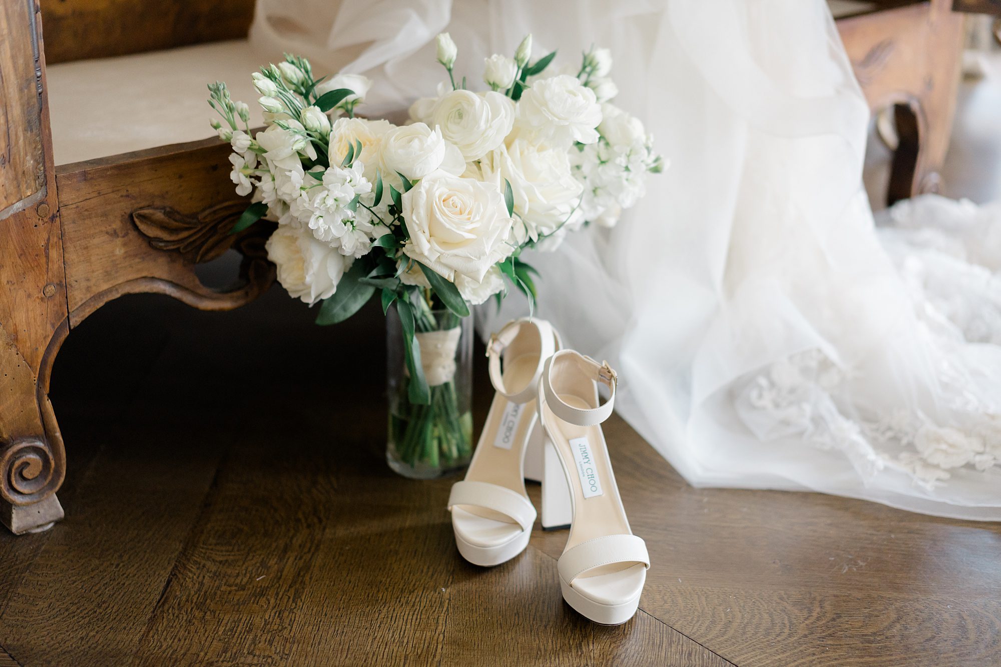 bridal shoes and bouquet 
