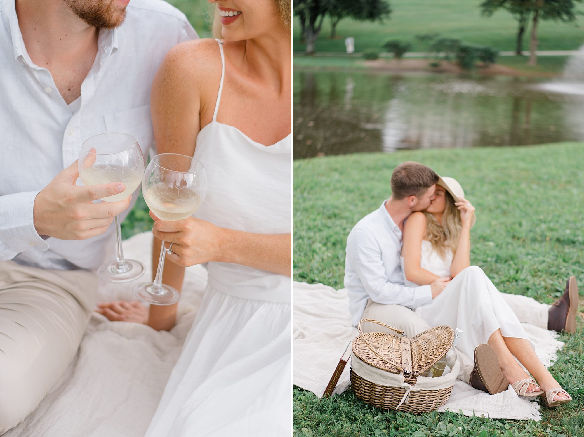 couple share romantic picnic during Engagement Session at The Willows 