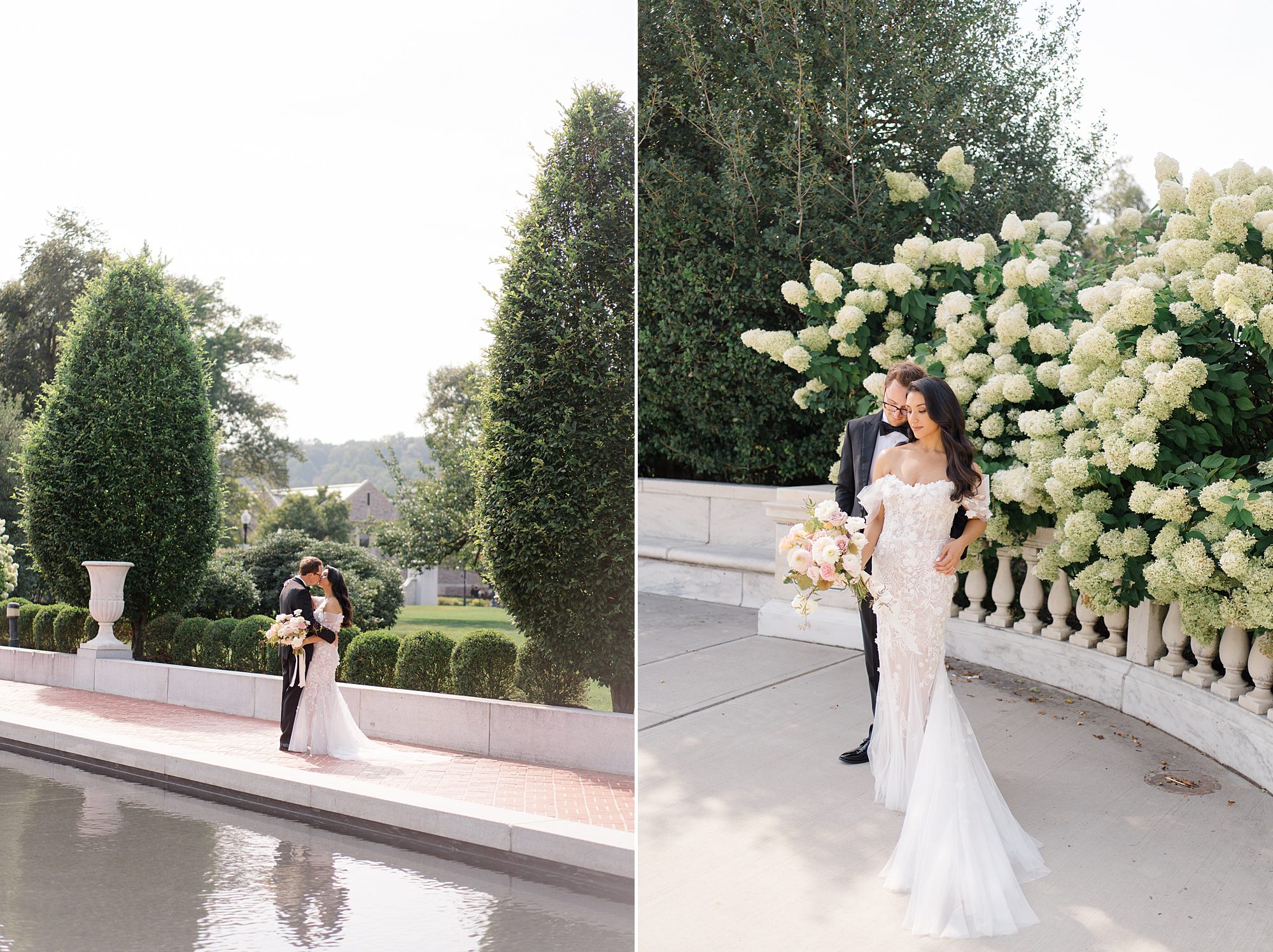 bride and groom portraits by white hydrangeas 