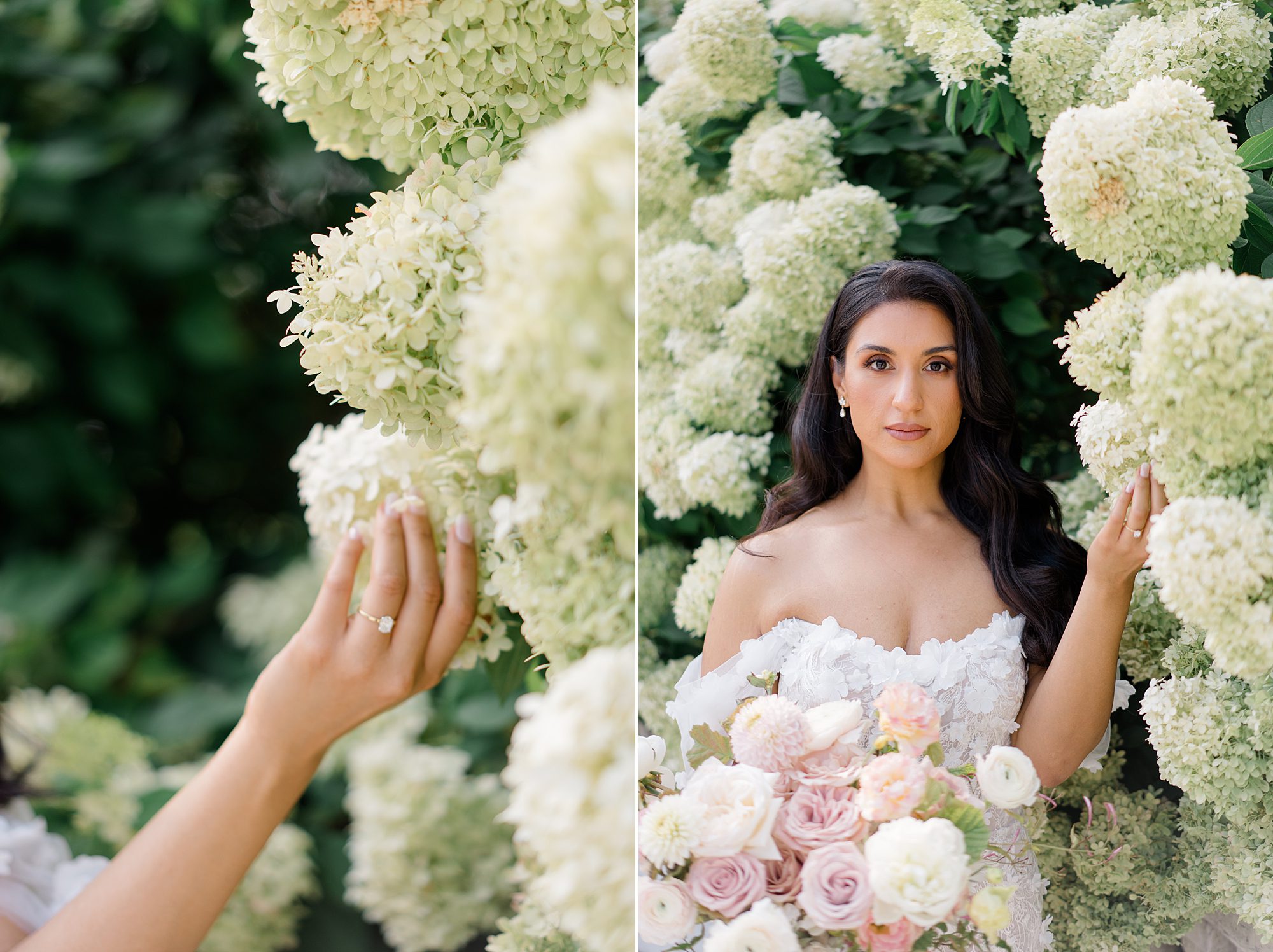 romantic bridal portraits by white flowers 