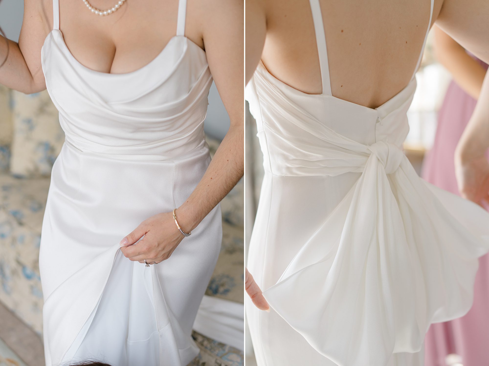 bride's modern satin wedding dress with bow detail in the back