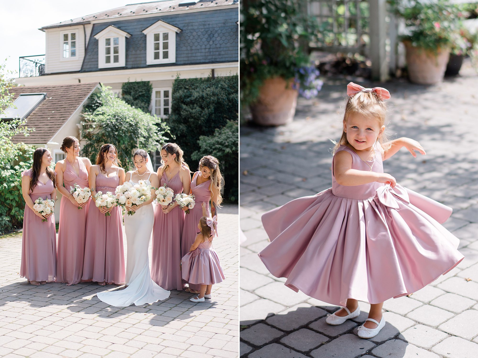 bride with bridesmaids and flower girl in pink dresses