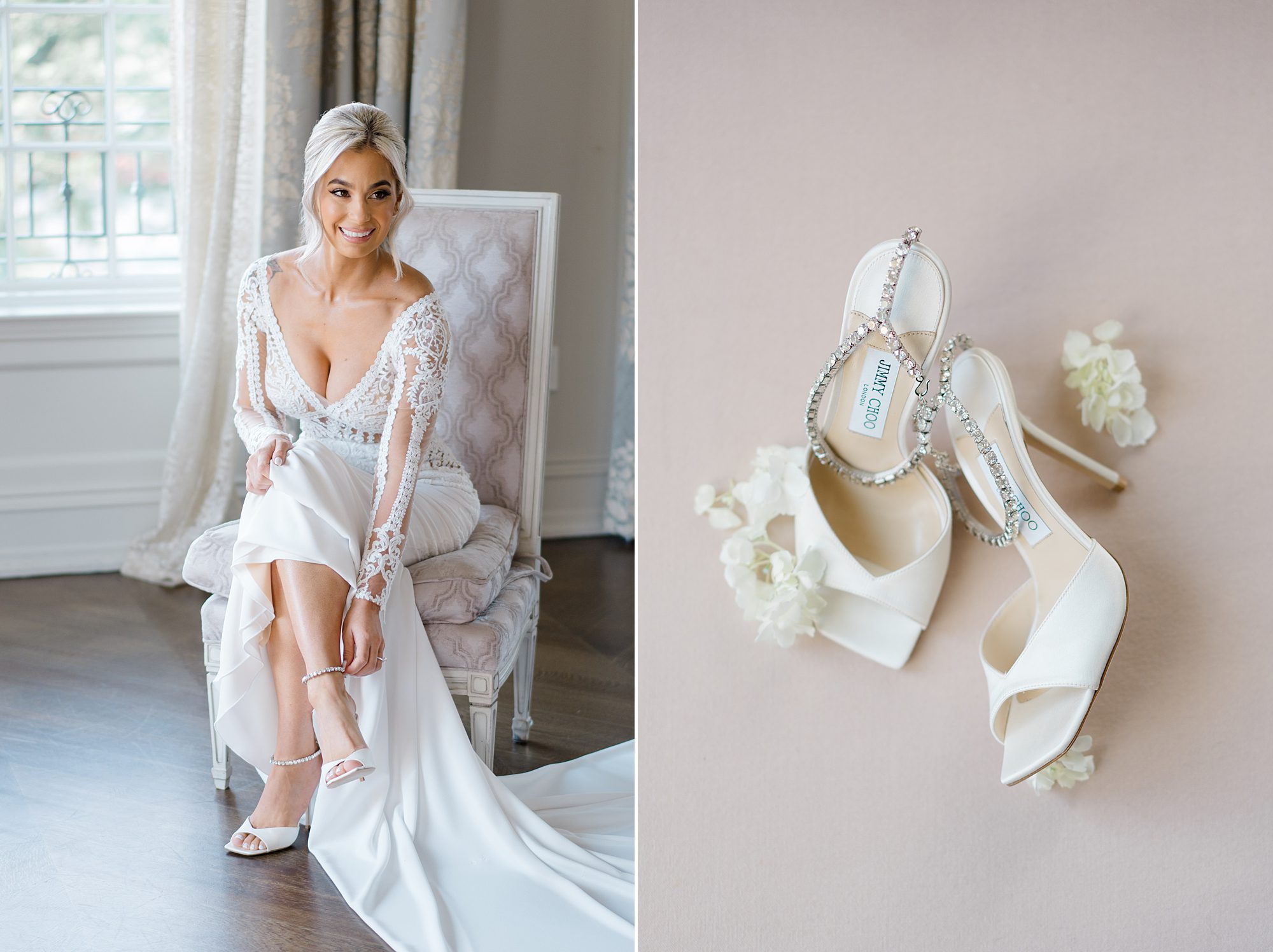 bride puts wedding shoes on