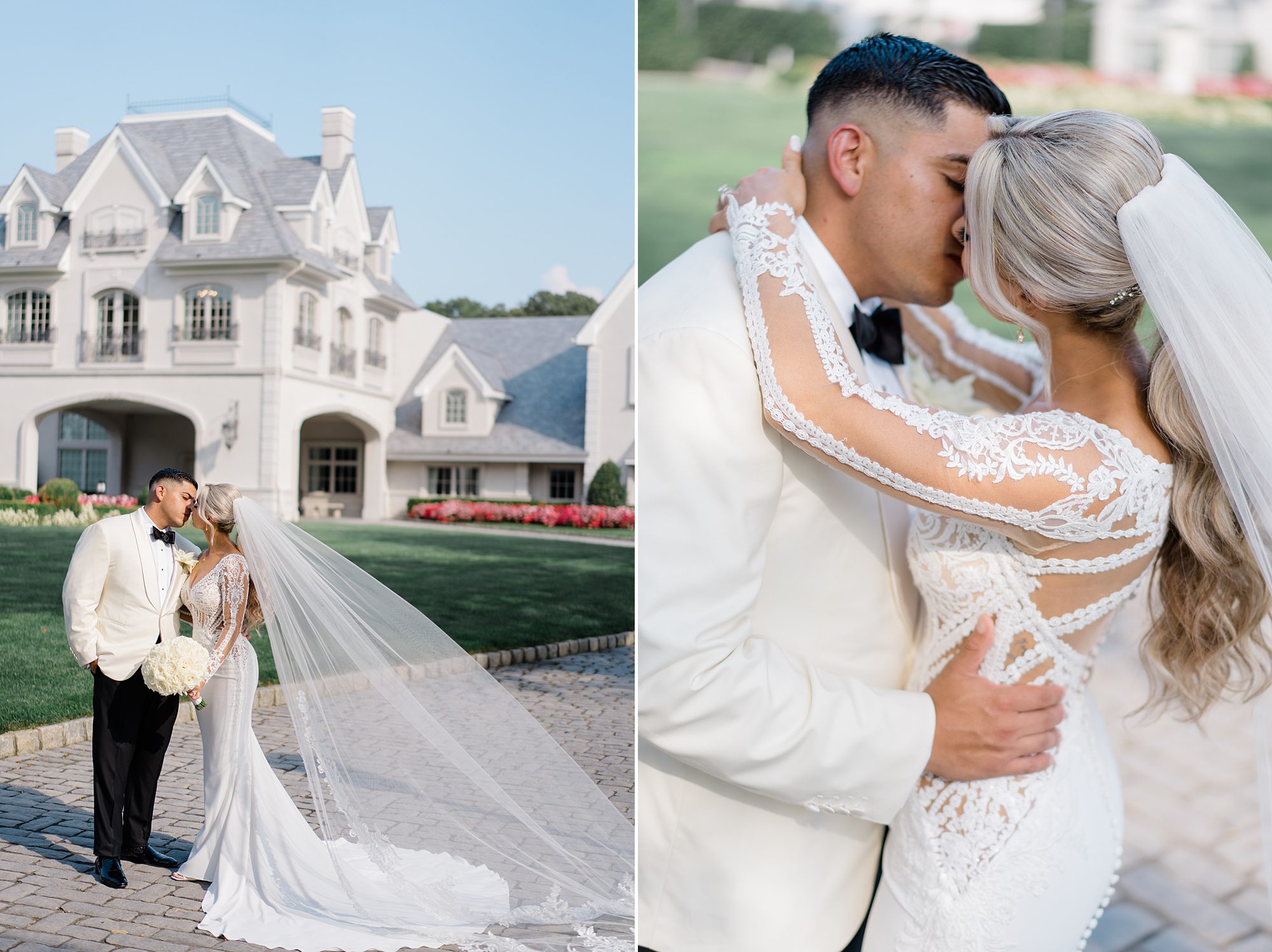 newlyweds kiss outside of gorgeous estate of Romantic Park Chateau in NJ
