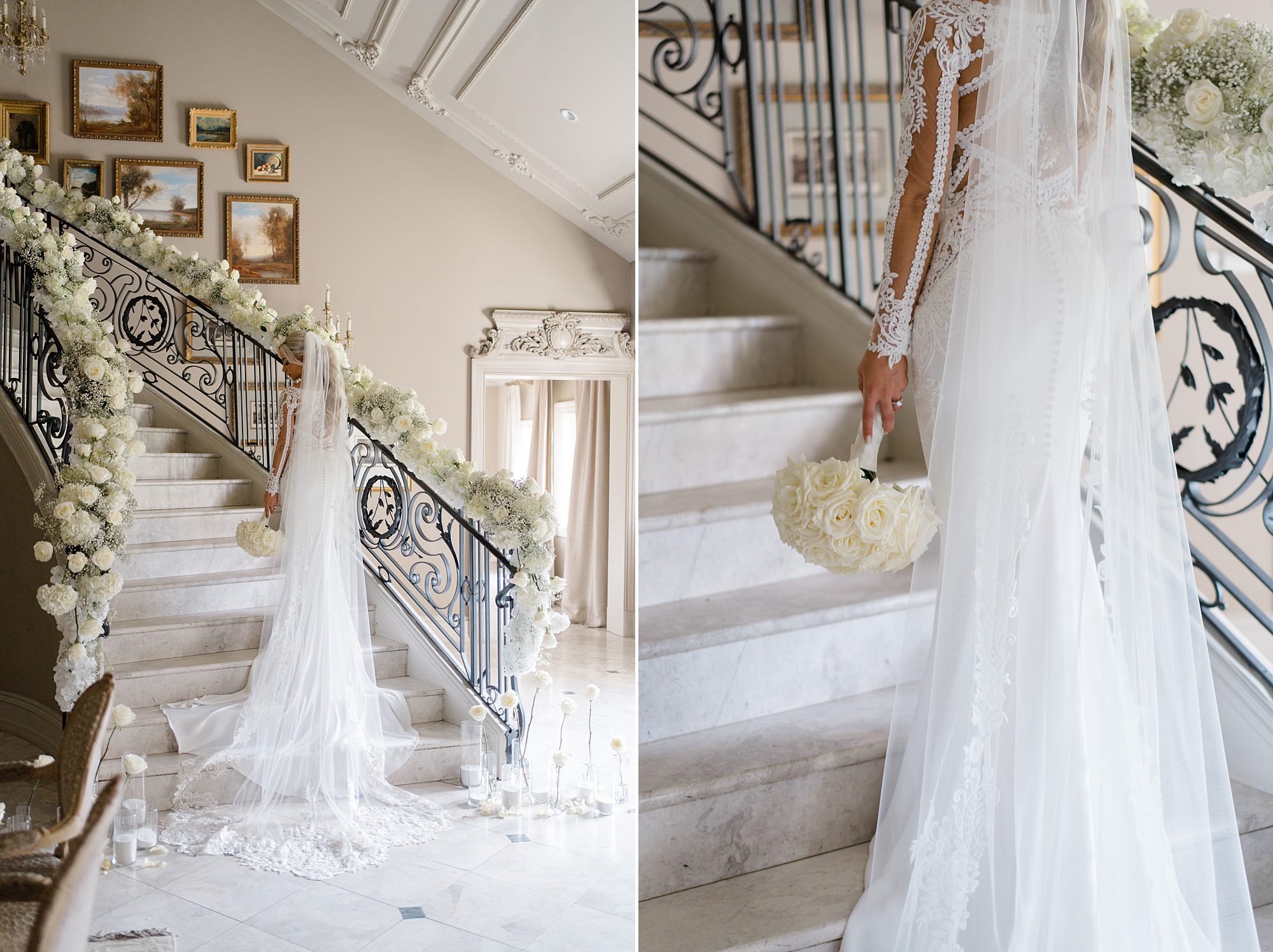 back of bride's wedding dress as she walks up the stairs at Park Chateau