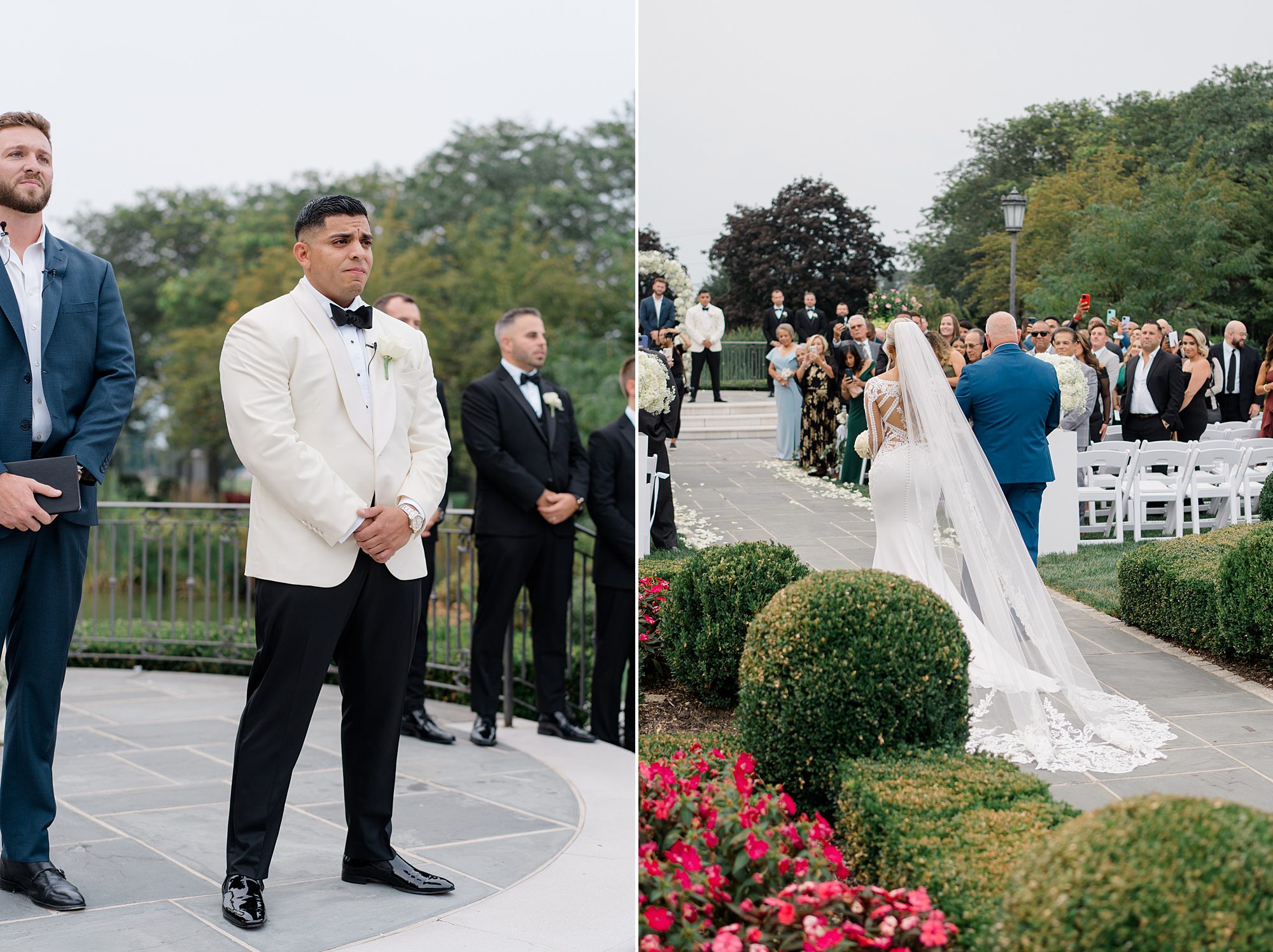 groom watches bride come down the aisle 