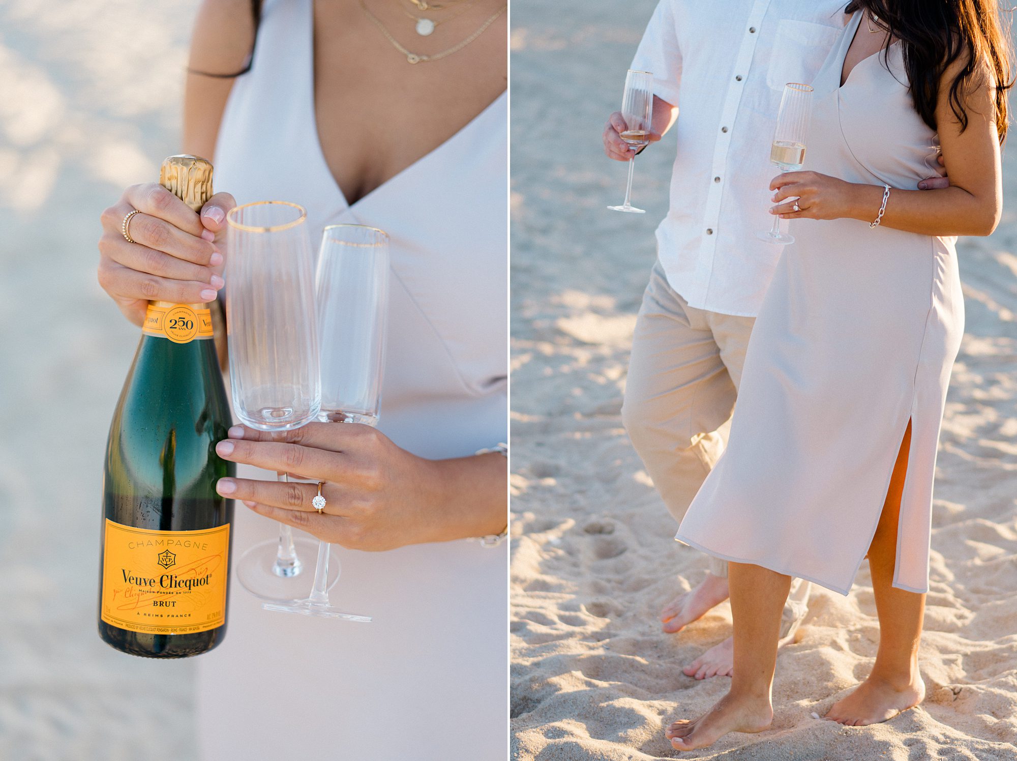 couple enjoys glass of champagne from engagement session
