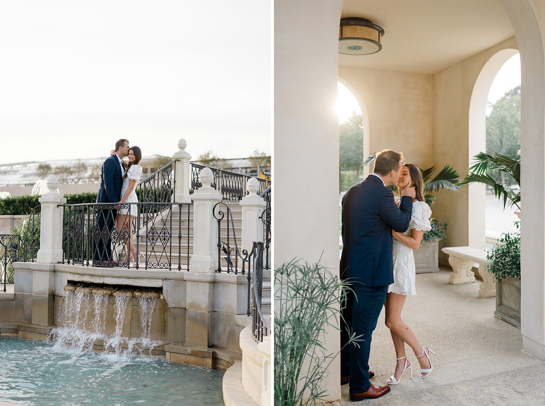 engaged couple kiss by water feature at Longwood Gardens
