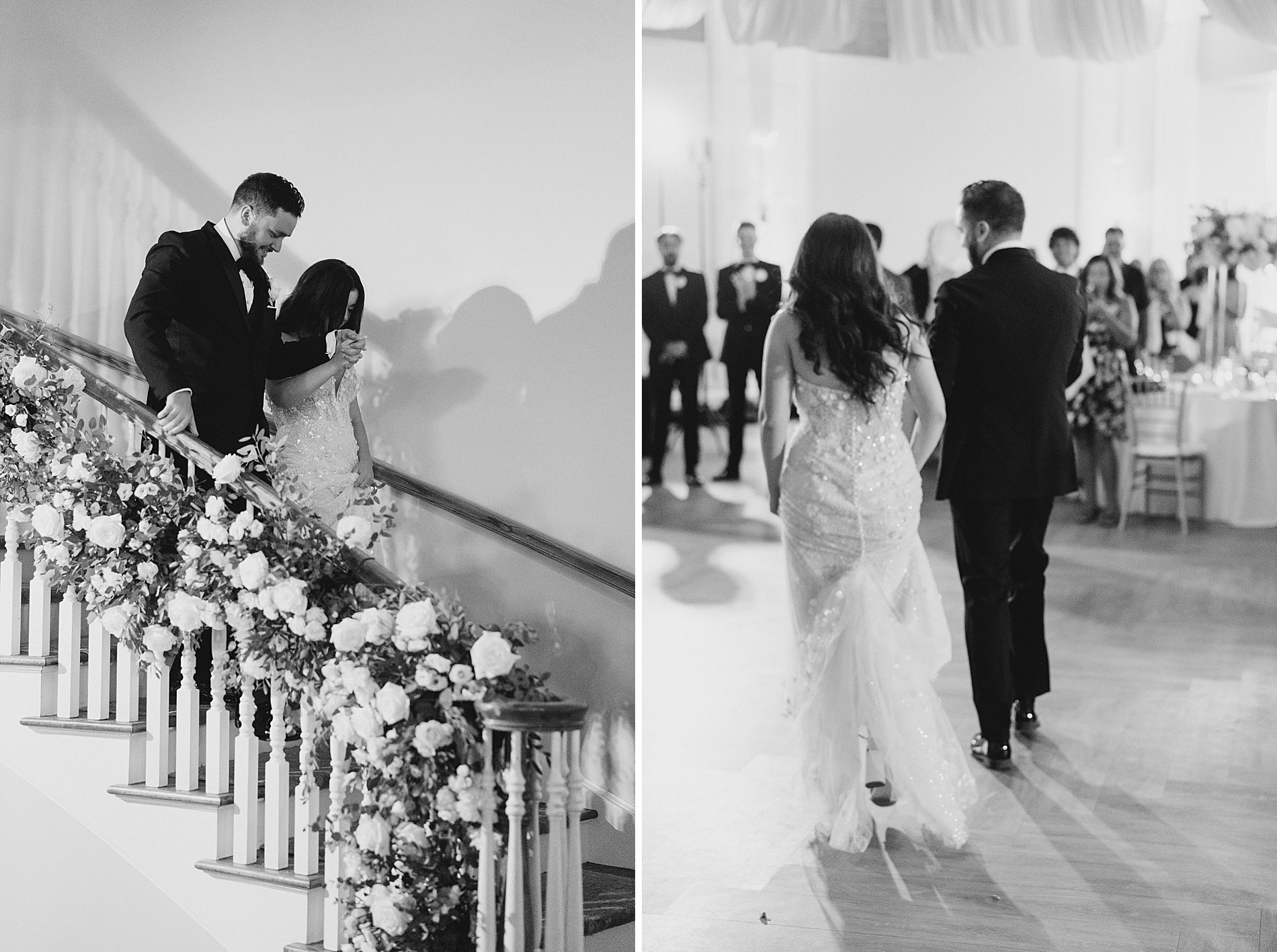 newlyweds walk down grand staircase and enter wedding reception