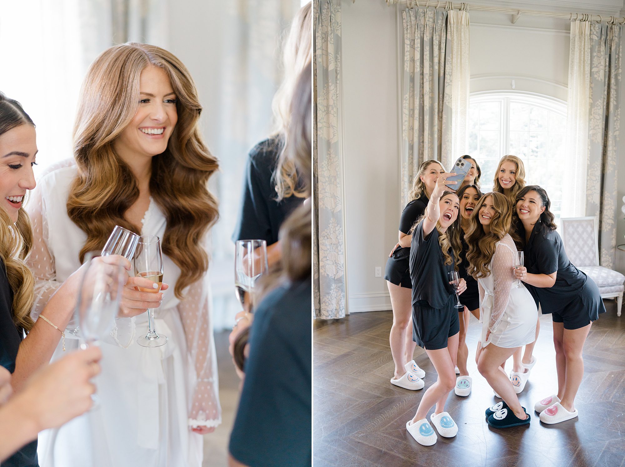bride and bridesmaids toasting with champagne as they get ready