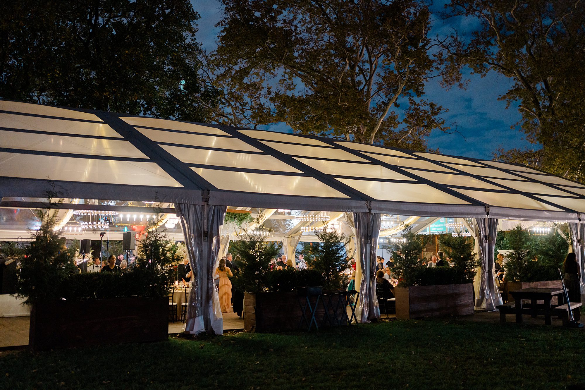 outdoor tent lit up at Classic Cescaphe Wedding 
