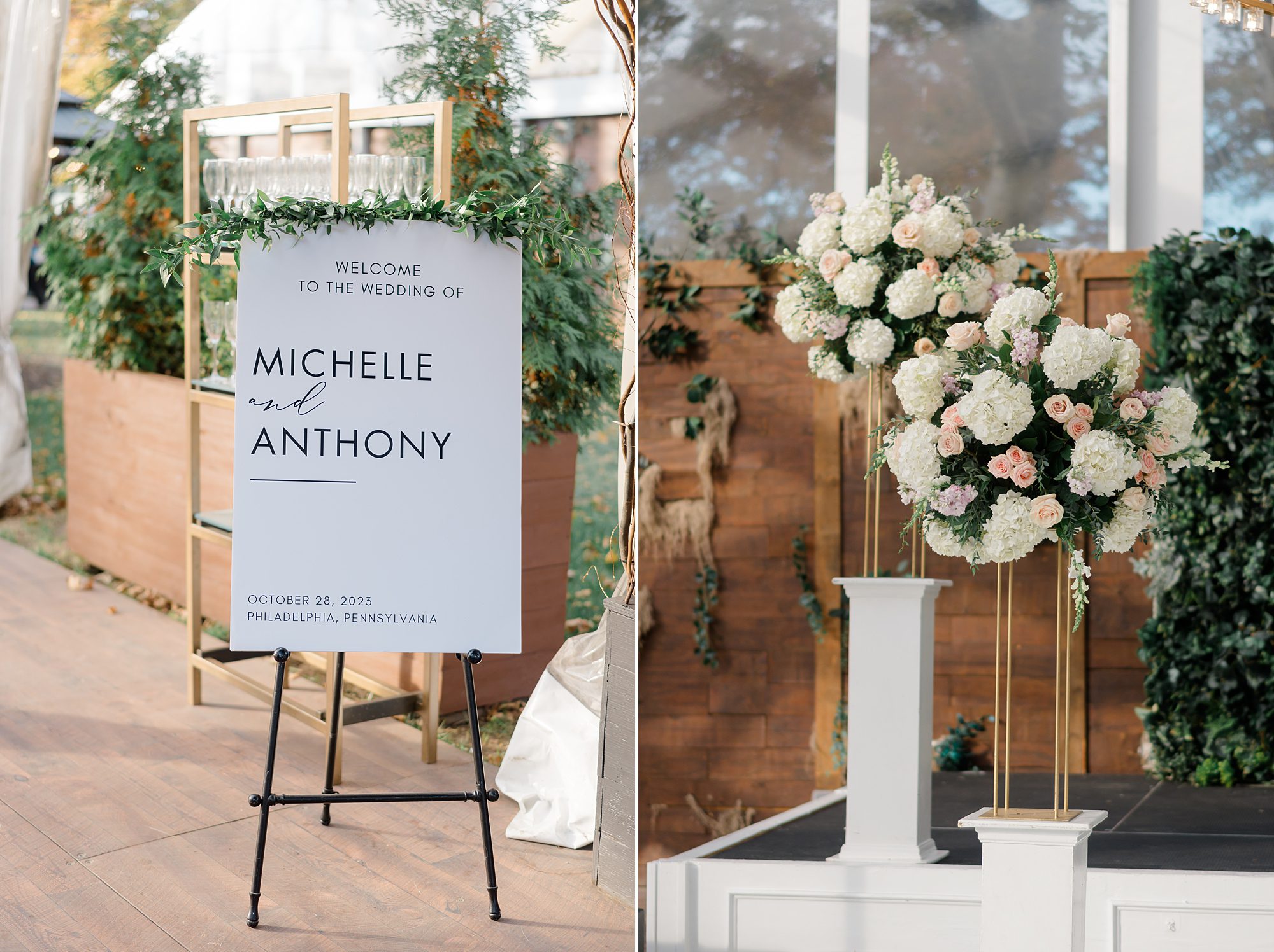 wedding ceremony sign and flowers