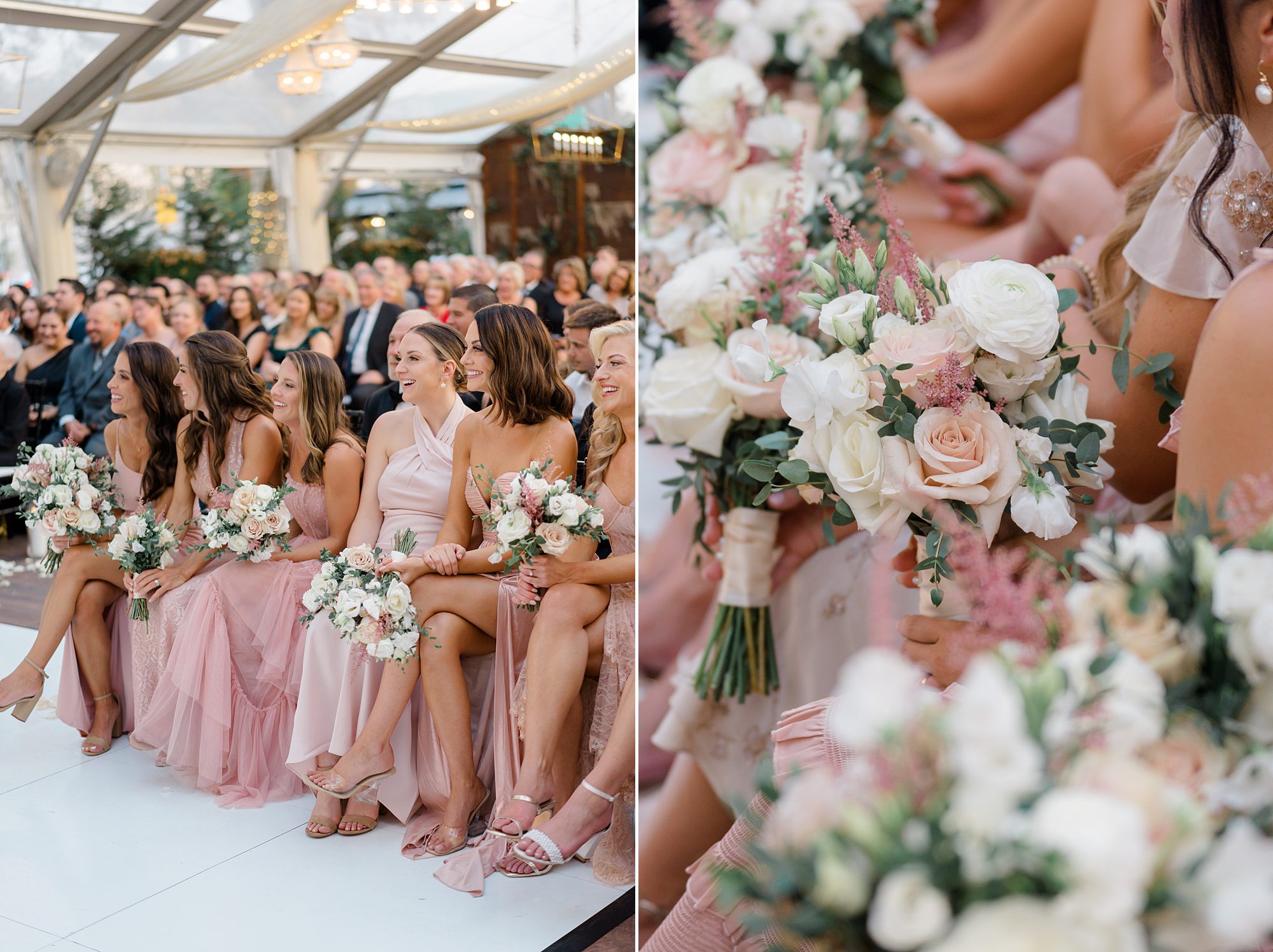 bridesmaids in dusty pink dresses at wedding ceremony