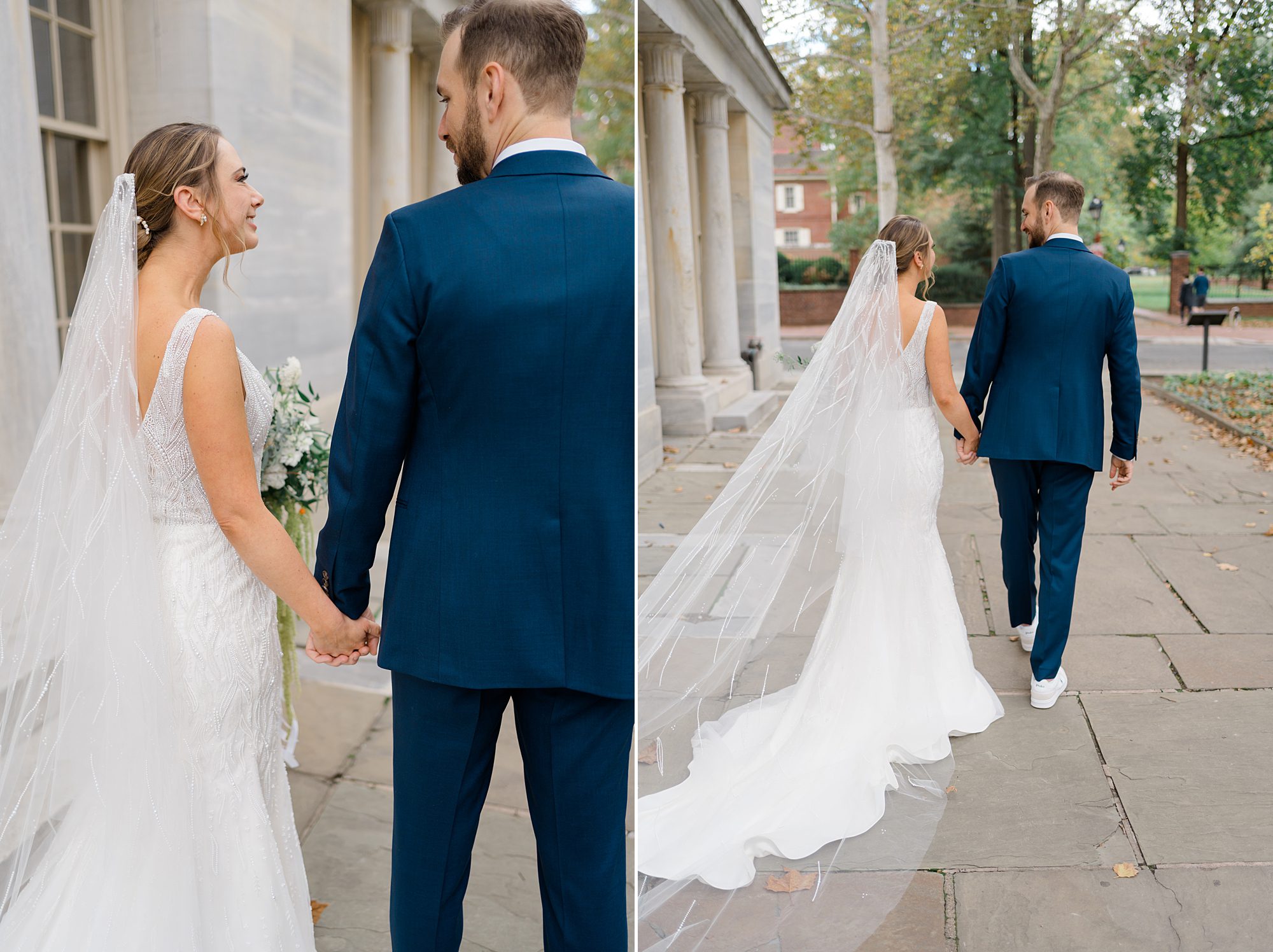 bride and groom walk down Philadelphia street
