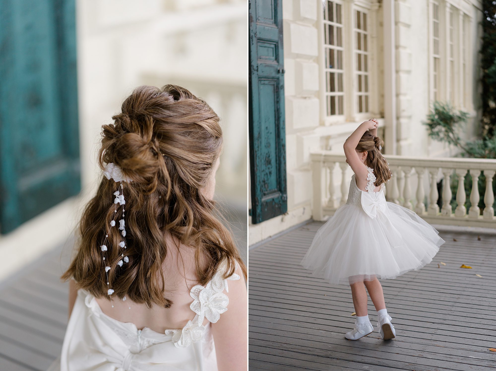 flower girl spins on porch and shows off hair style