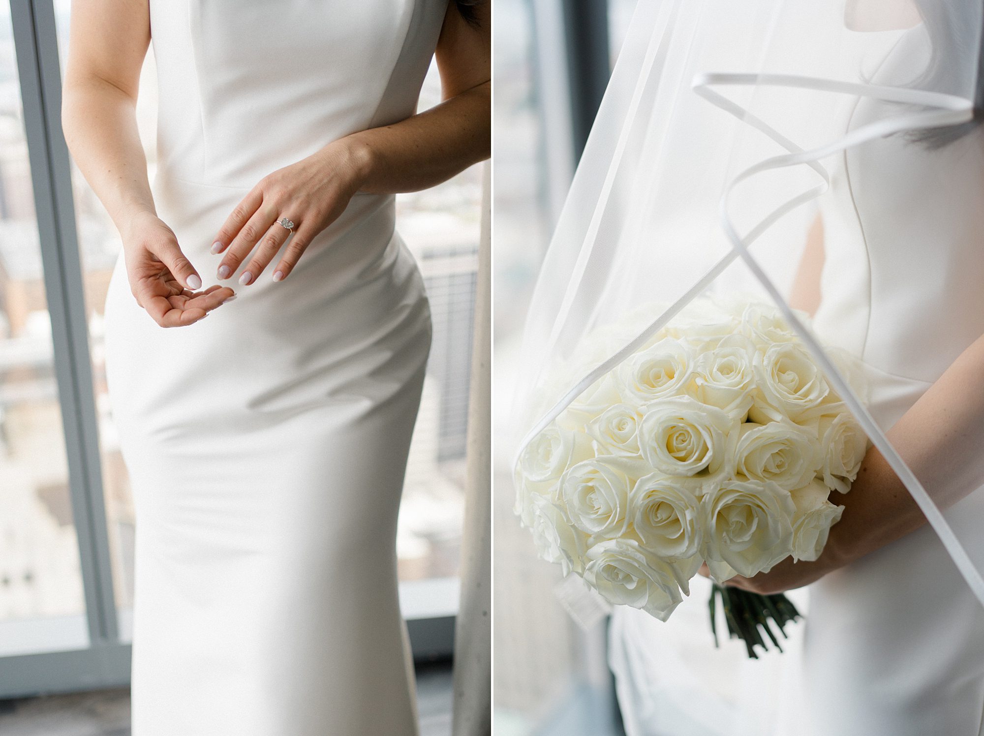 classic bridal portraits and white rose bouquet