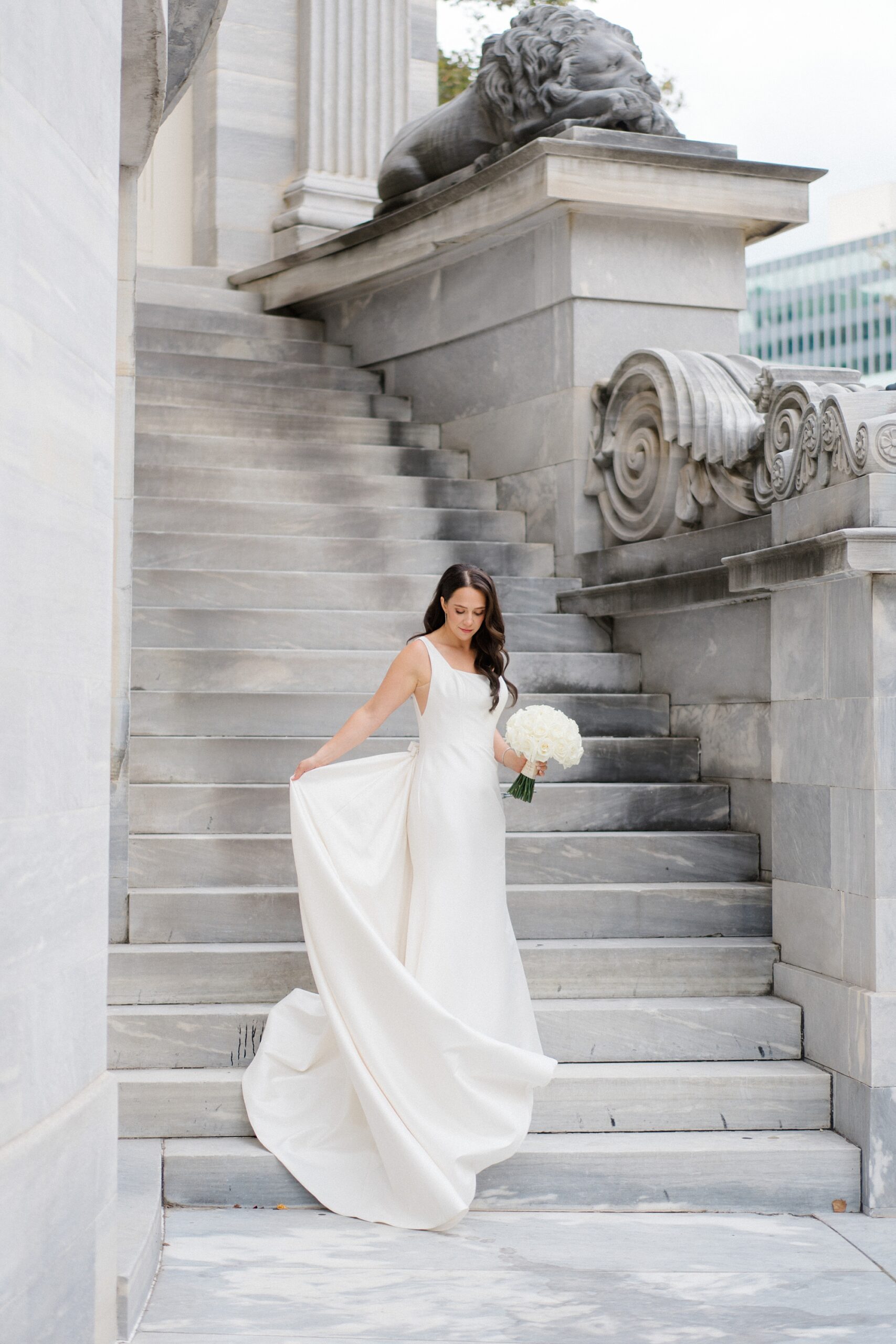 bride walking down steps in Old City Philly