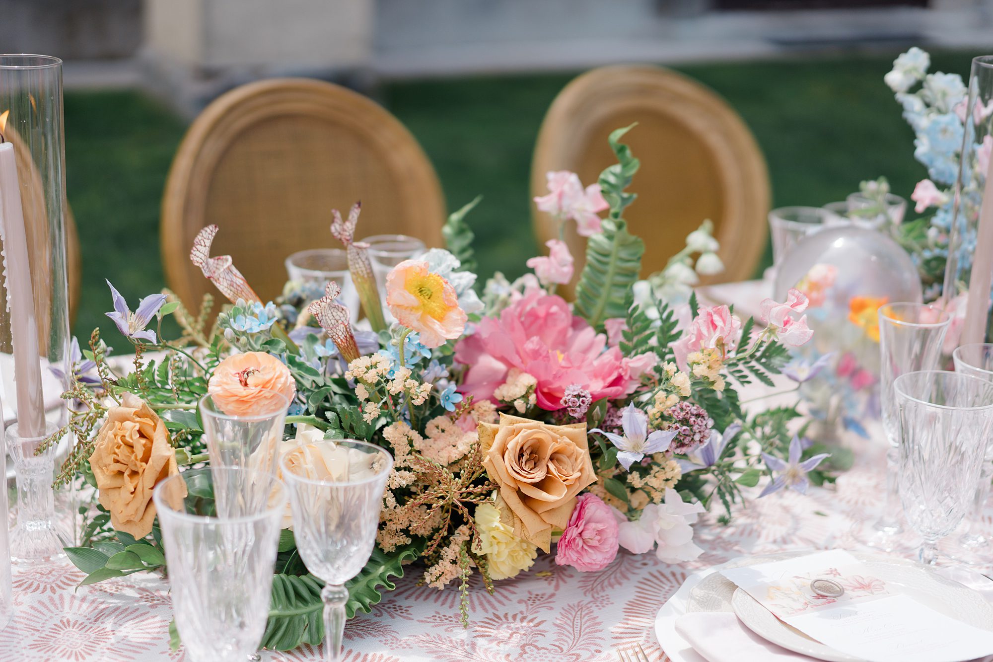 vibrant spring florals from outdoor wedding at Oheka Castle