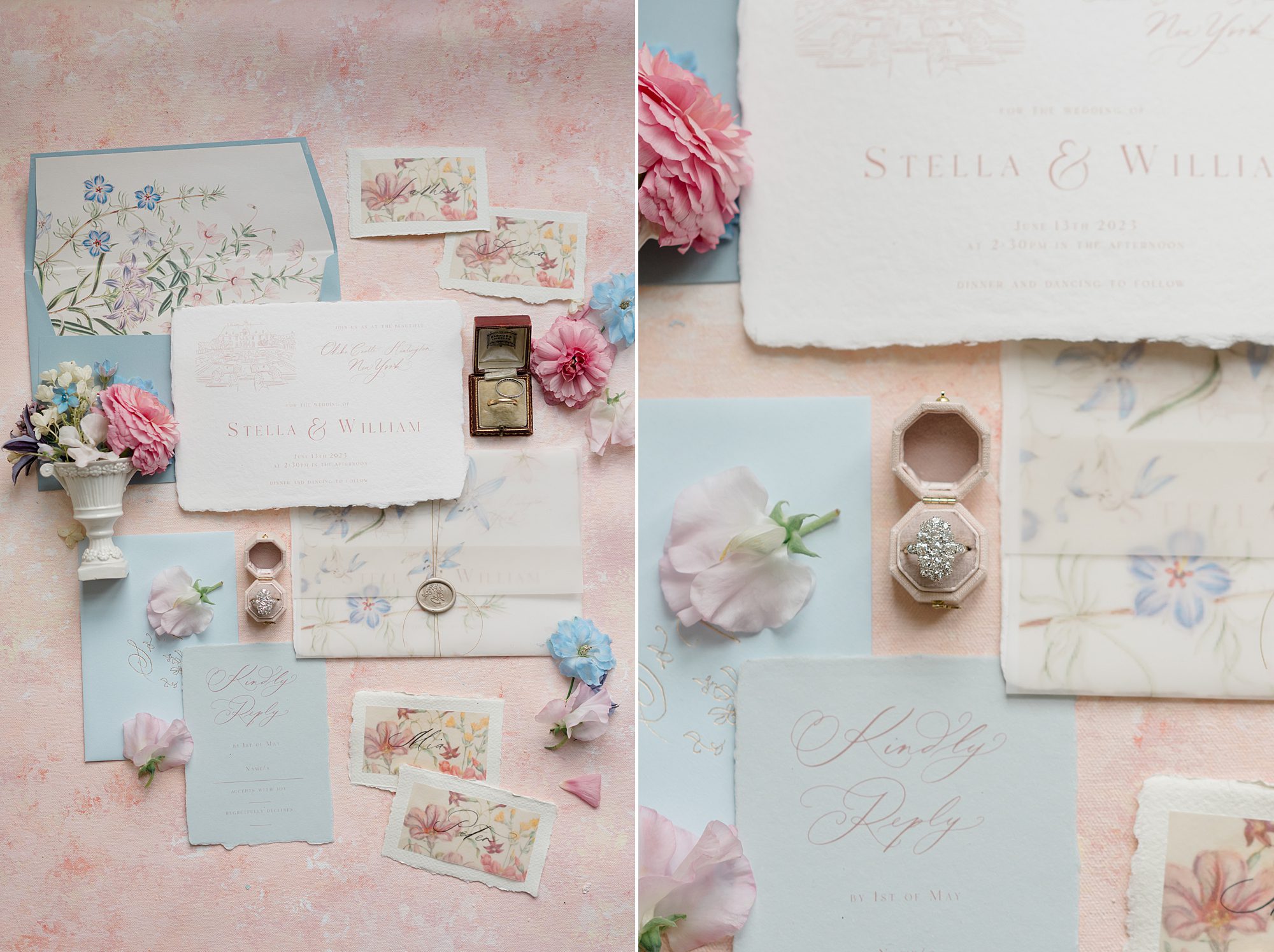 wedding invitations and flat lay styling from Garden Spring Wedding at Oheka Castle