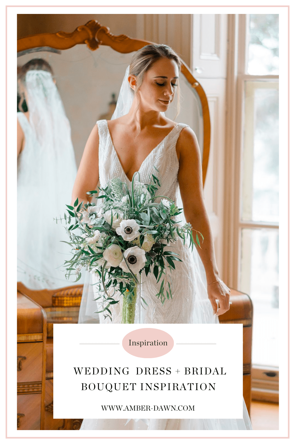 Bride in elegant Wedding dress with bridal bouquet at Glen Foerd on the Delaware photographed by Philadelphia Wedding Photographer, Amber Dawn Photography