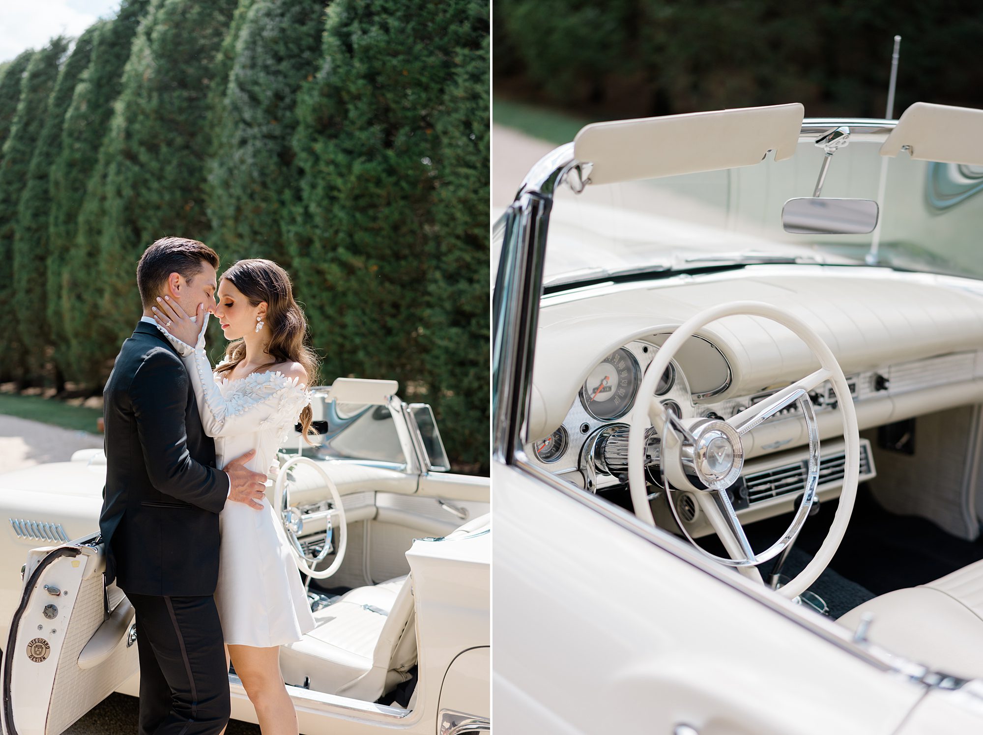 newlyweds in classic car at wedding 