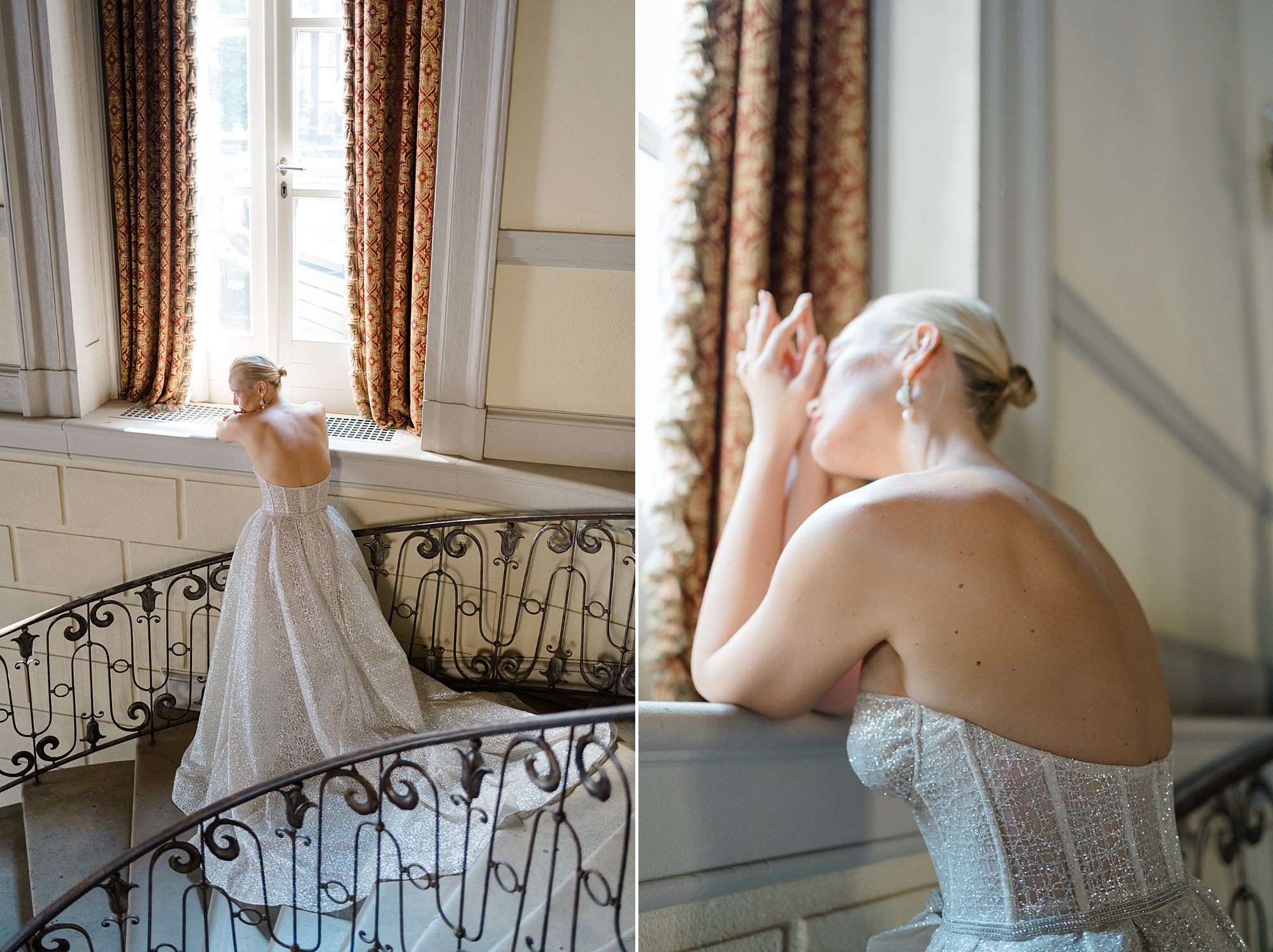 bride leans on window seal 