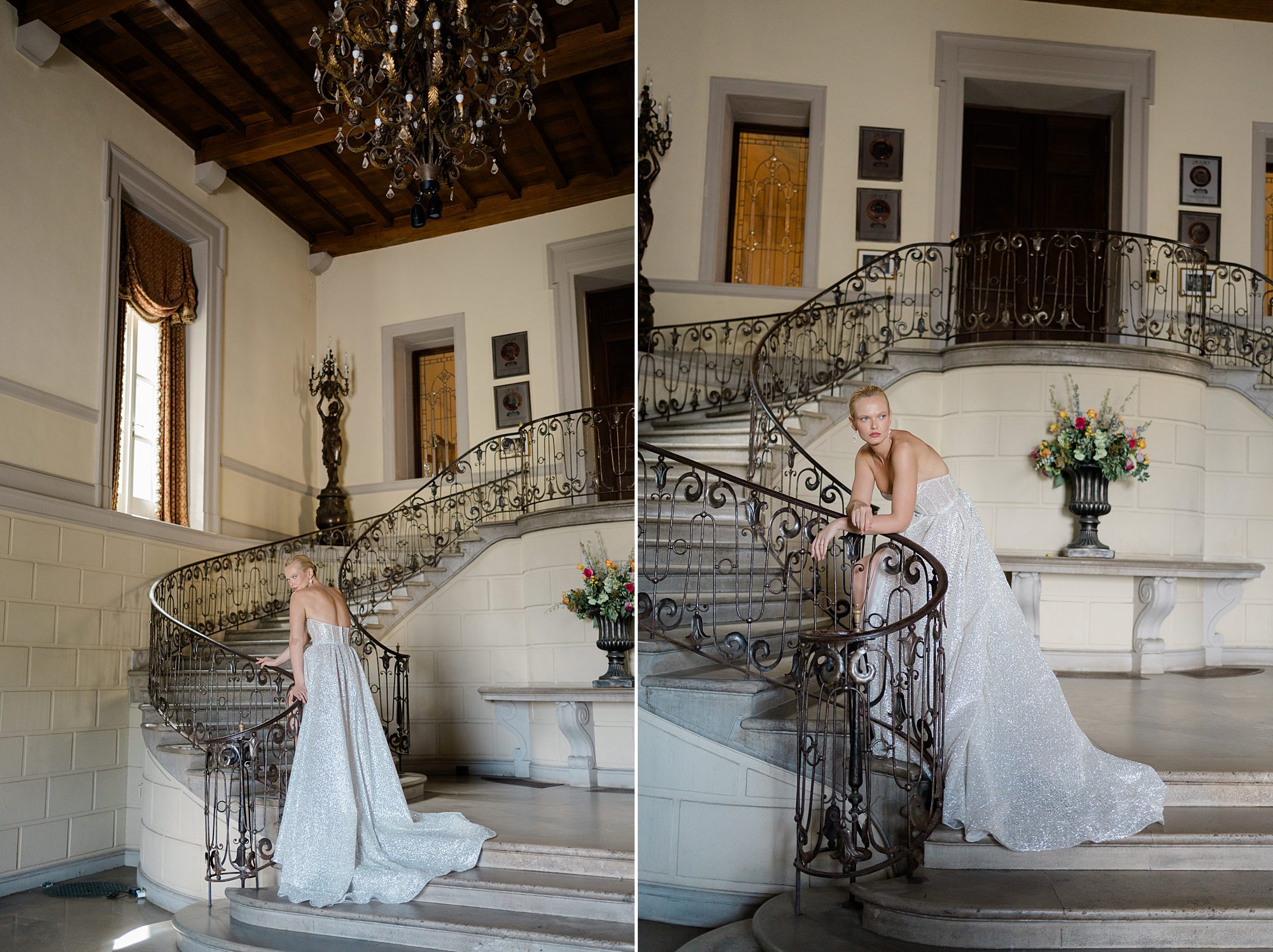 bride leaning over winding staircase at Oheka Castle