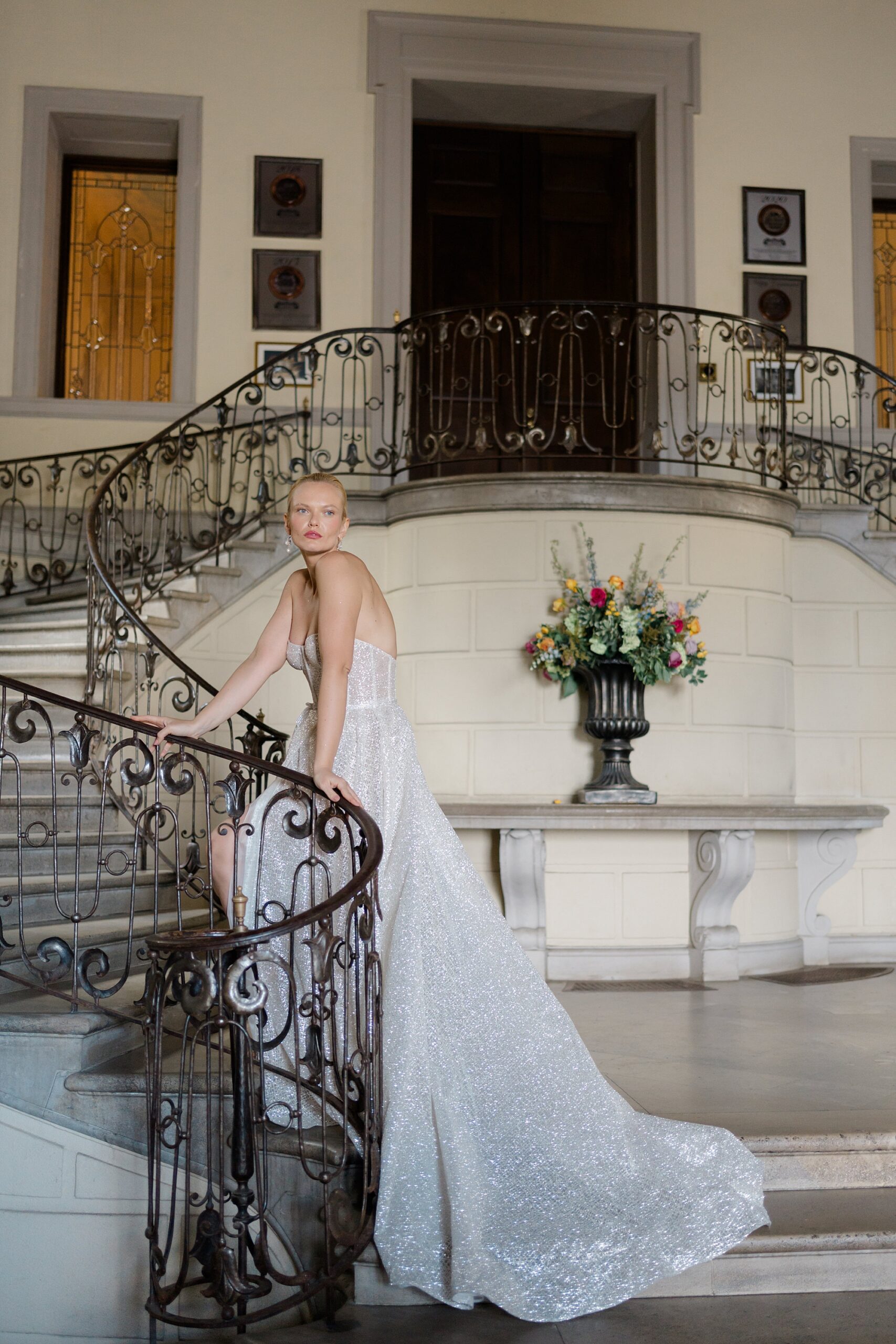 bride in shimmering wedding dress at Oheka Castle