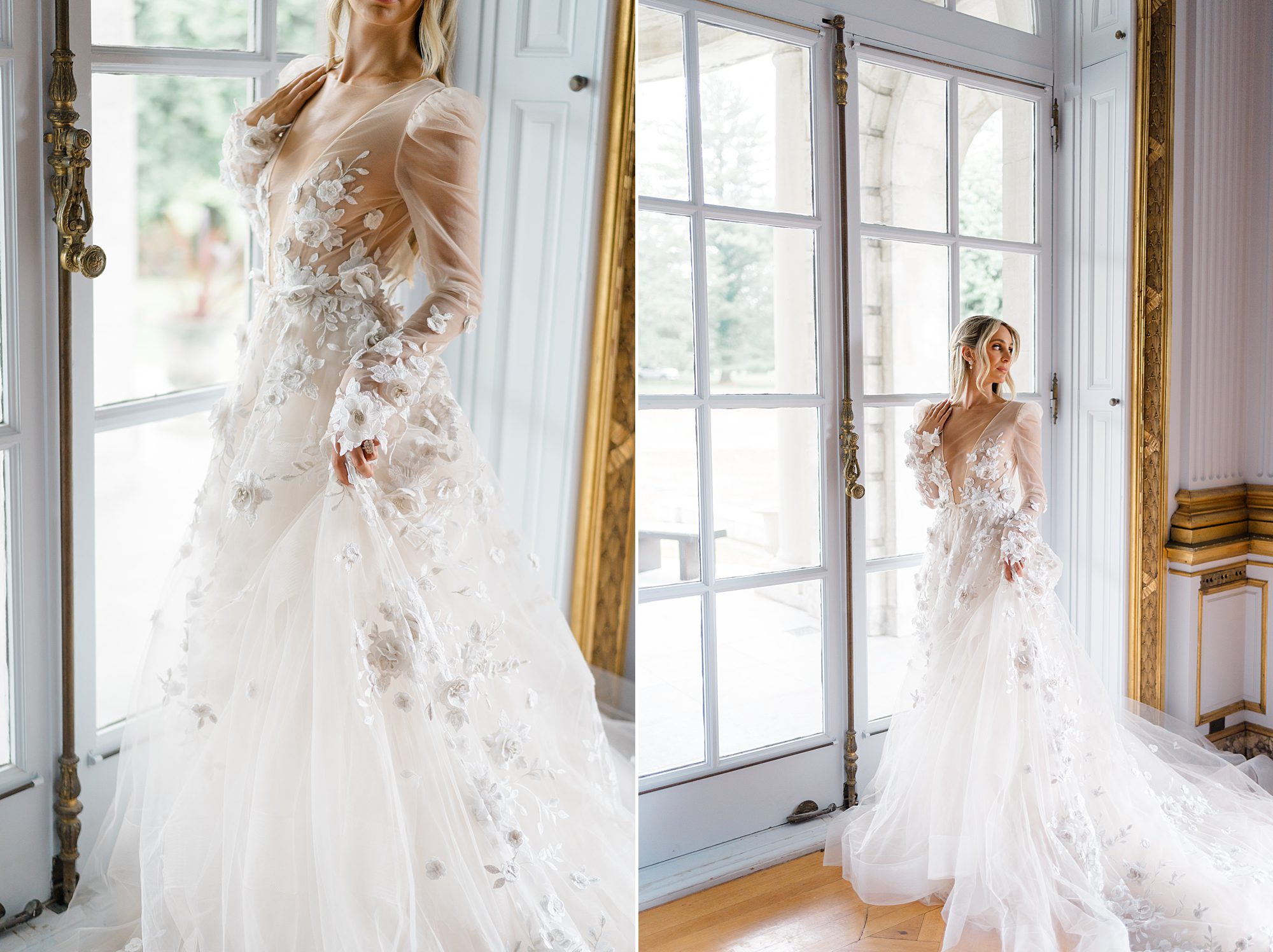 bride wears enchanting wedding gown from Romantic Estate Styled Wedding at Elstowe Manor
