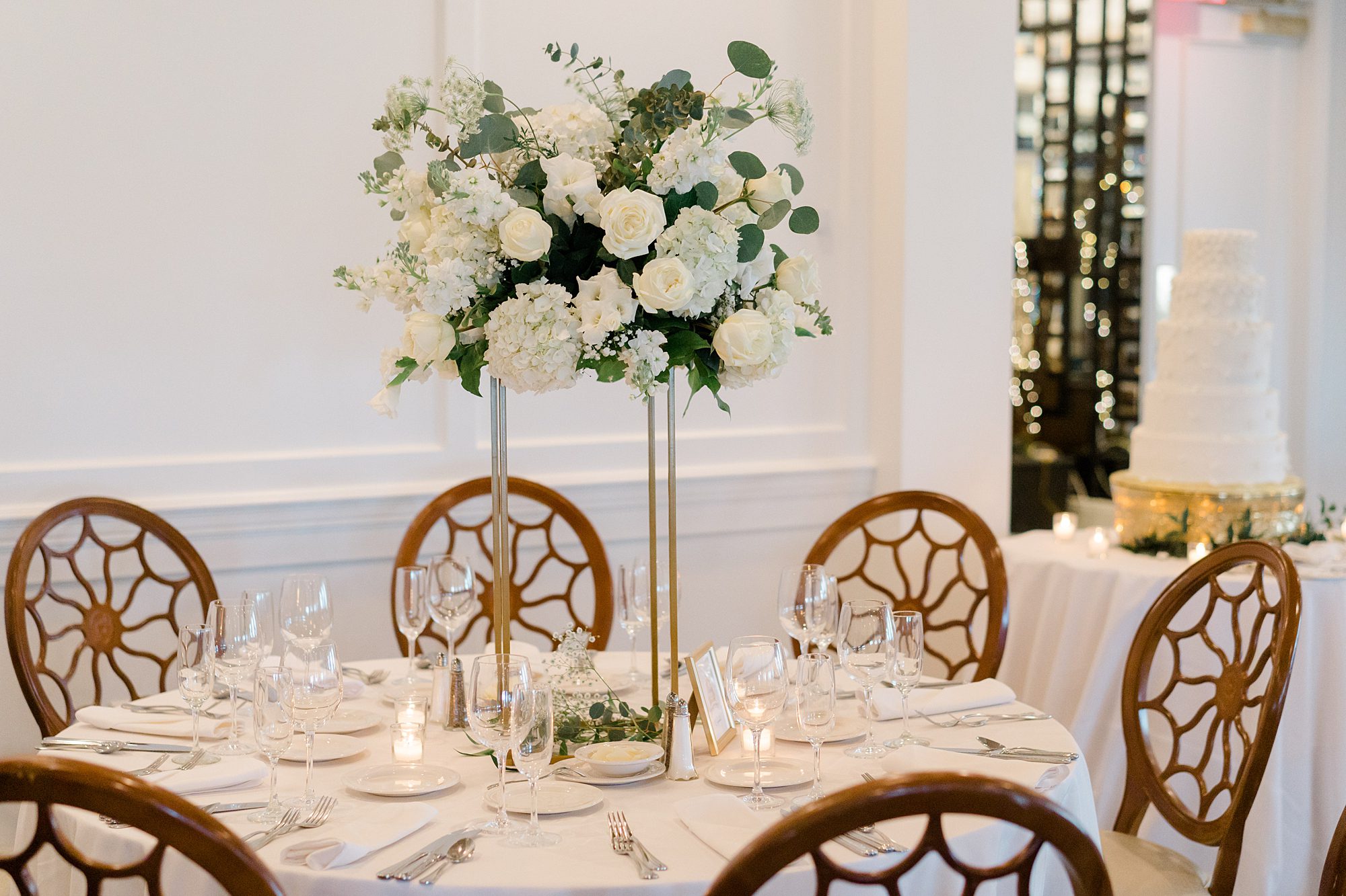 classic white floral centerpieces at Overbrook Golf Club Wedding