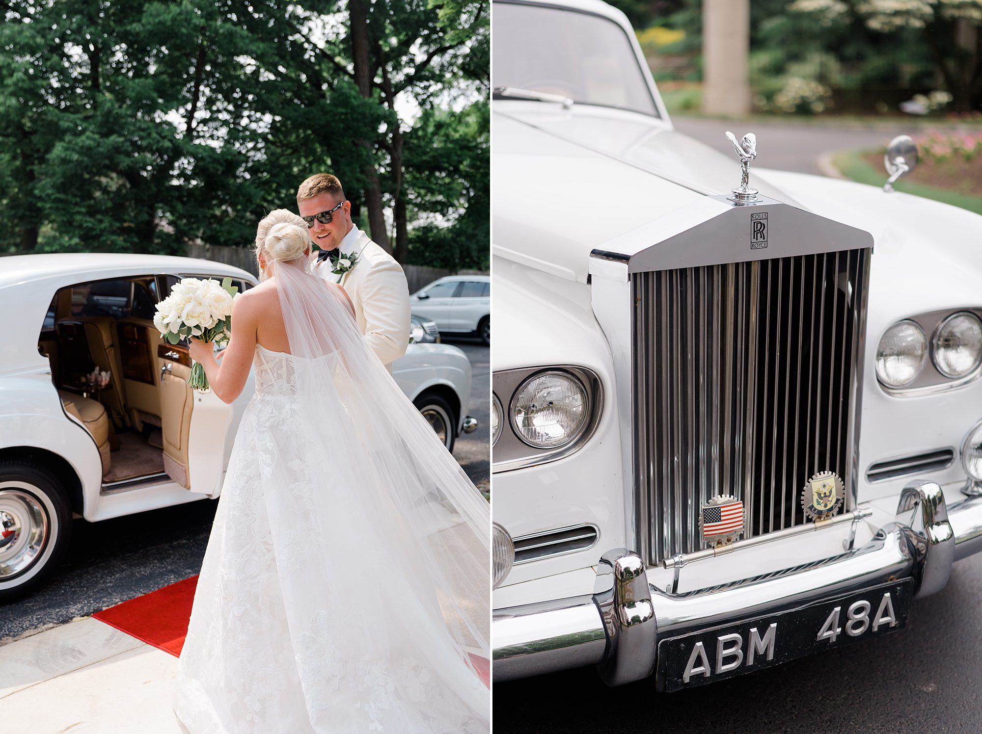 bride and groom get into white Rolls Royce