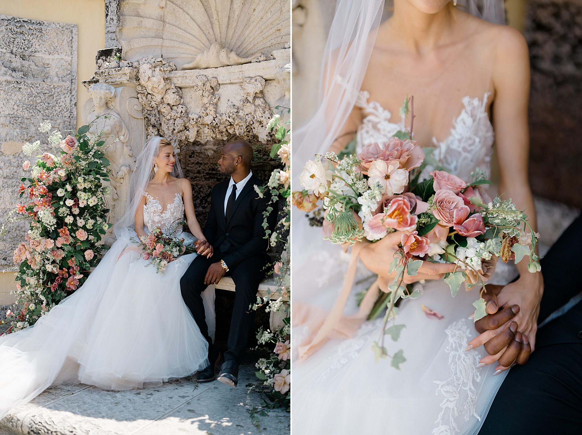 wedding photos in courtyard at Vizcaya Museum and Gardens 