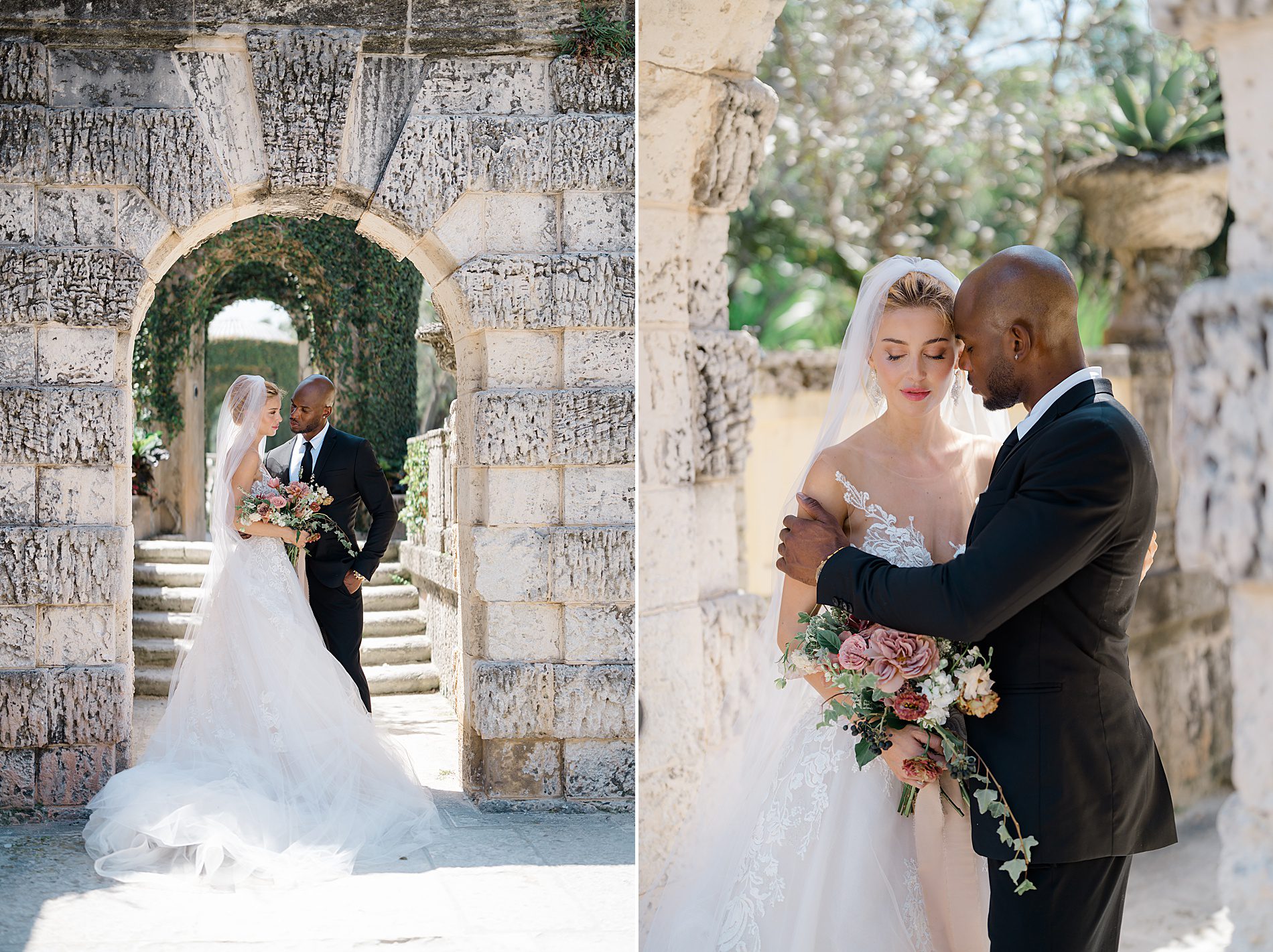 wedding portraits in stone archway at Vizcaya Museum and Gardens  