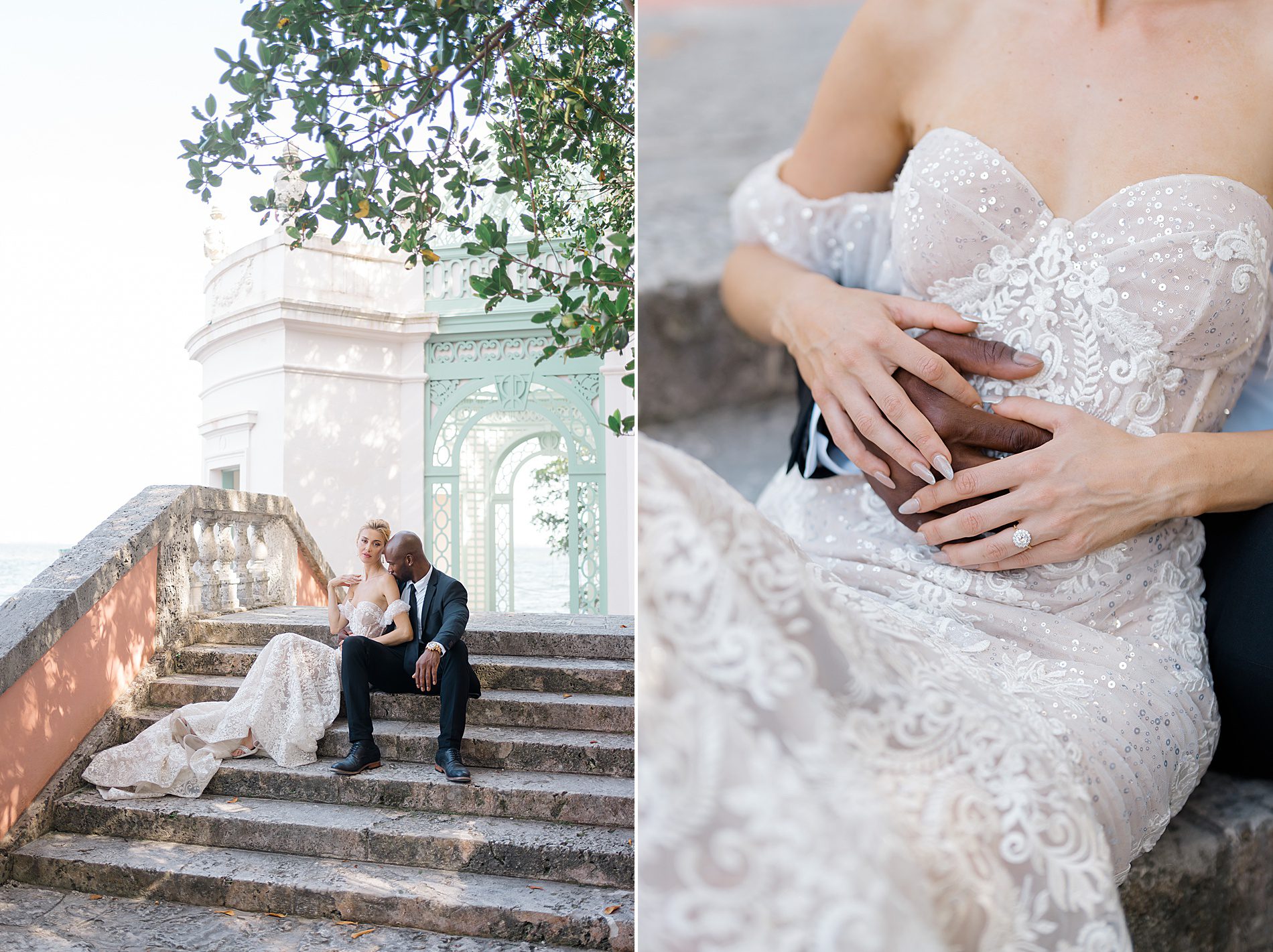 newlyweds sit together on the stairs 